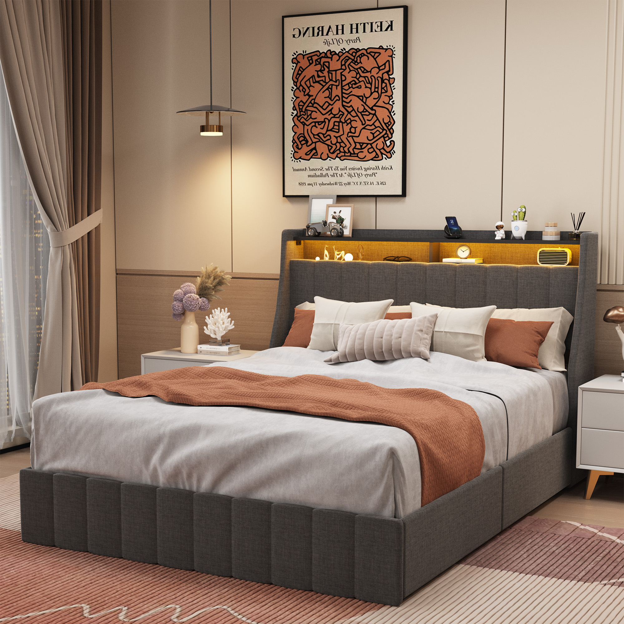 Queen Size Bed Frame with LED, 4 Under-bed Portable Storage Drawers, Wings Headboard Design, Light G