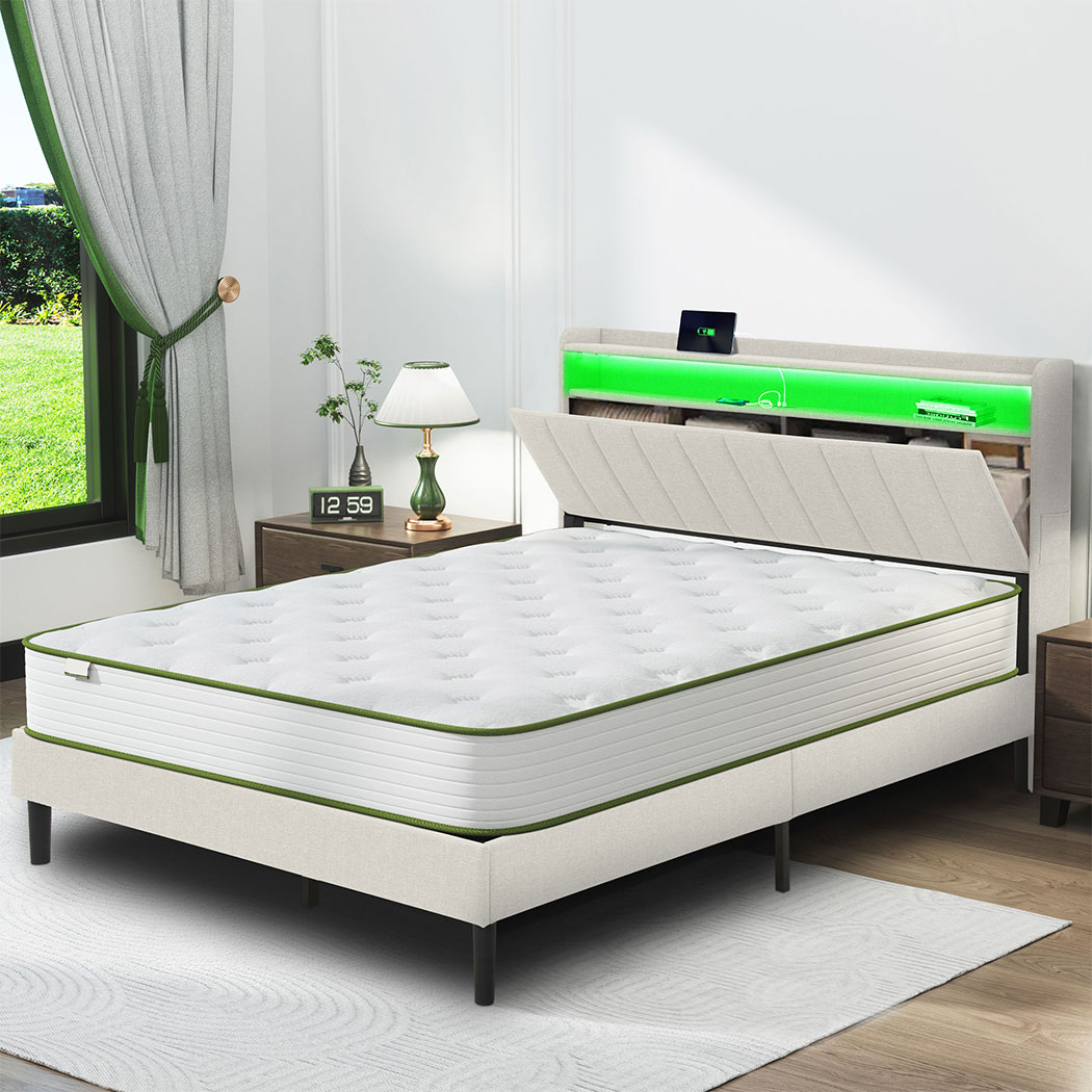 Familand LED Queen Bed Frame Storage Headboard Upholstered Charging Station Cream