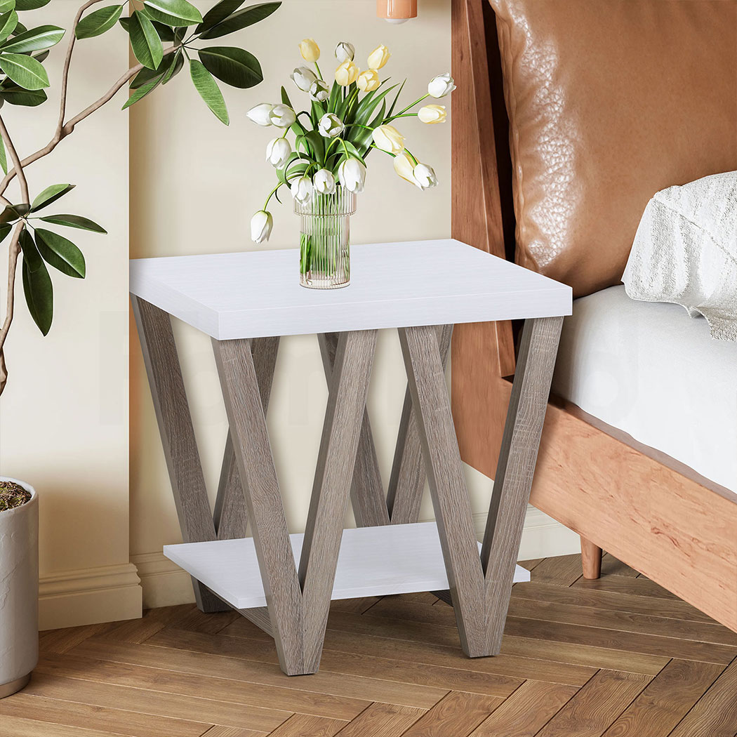 Familand End Side Table - Heavy Duty Wooden Frame & 2-Teirs Storage Space, Bedside Table Night Stand