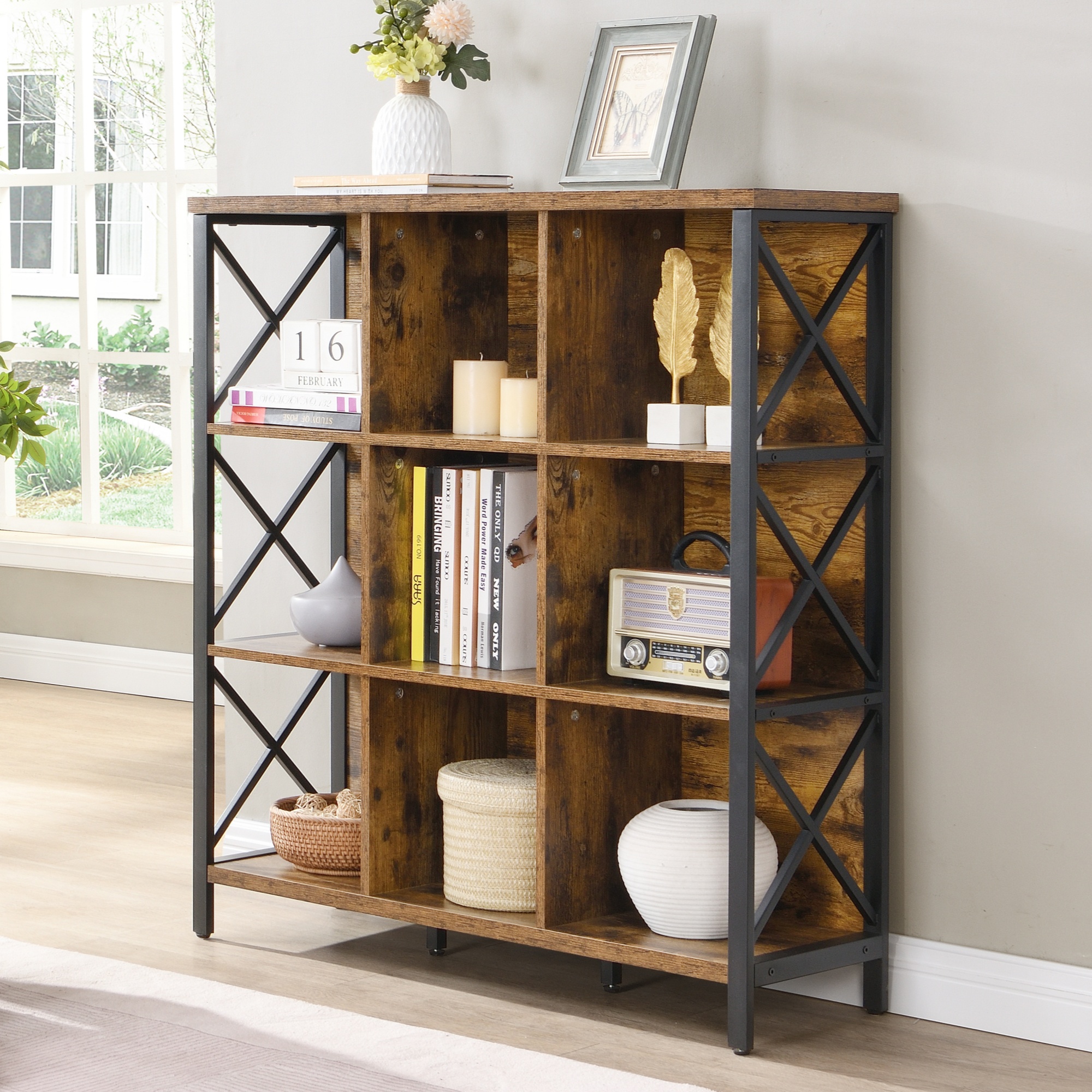 Rustic 9 Cube Storage Organizer Shelf, Industrial 4 Tier Cubby Bookcase