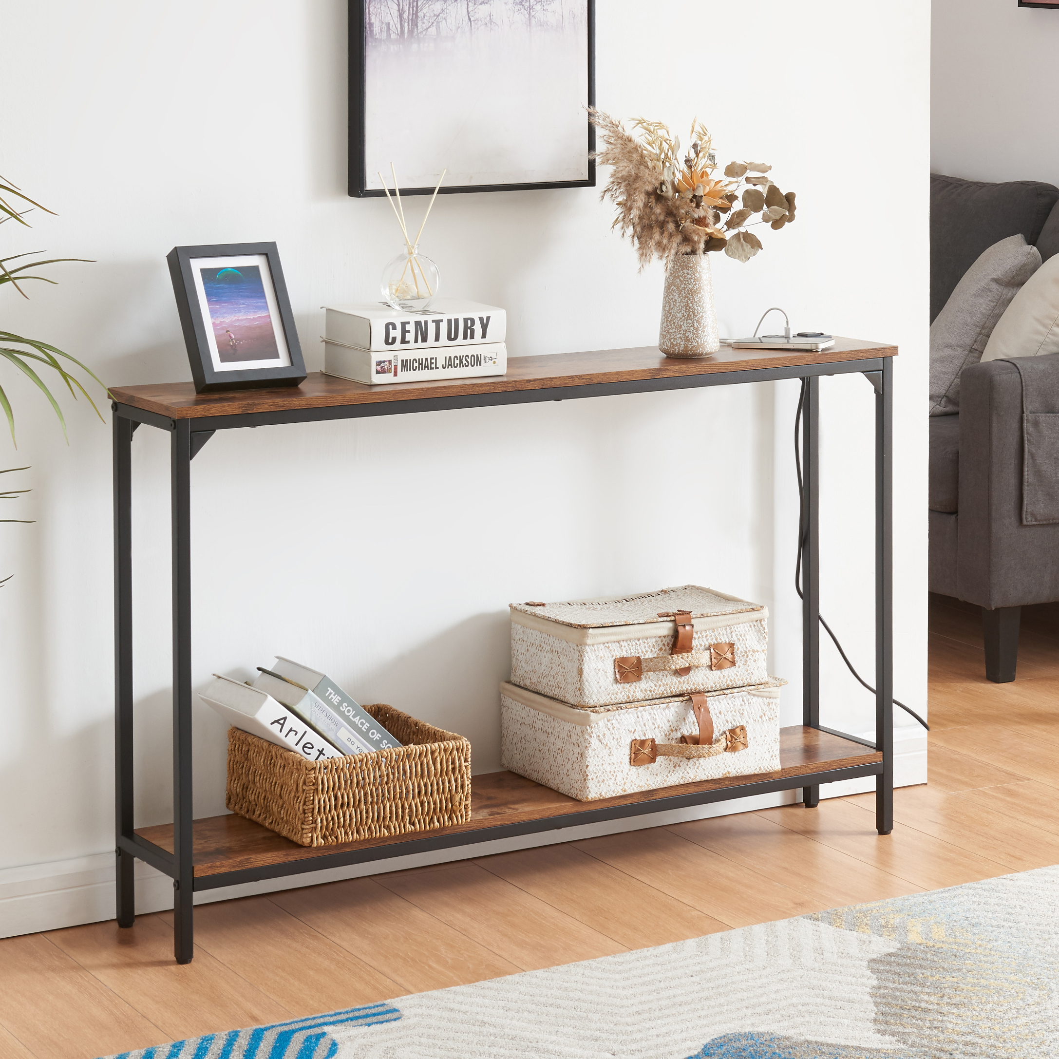 Console Table with Charging Station, 2-Tier Narrow Sofa Table
