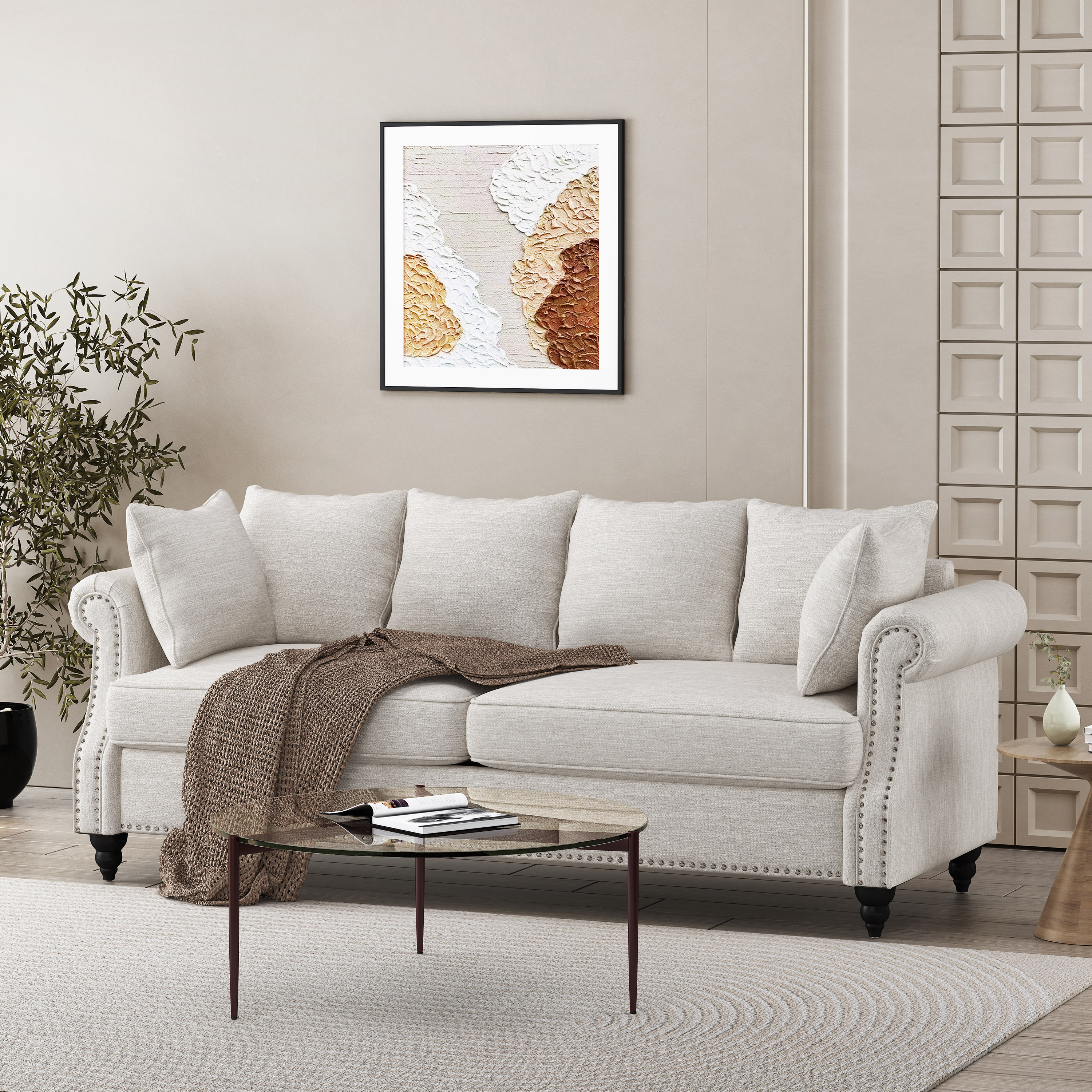 Contemporary Beige Upholstered Fabric 3-Seater Sofa Bed with Nailhead Accents and Pillows