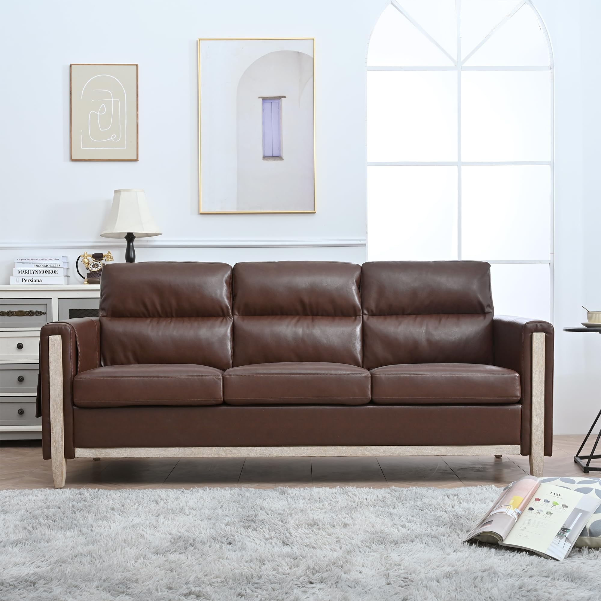 Modern Brown PU Leather 3-Seater Sofa with Storage Pocket, Soft Cushions & Solid Wood Frame, Durable