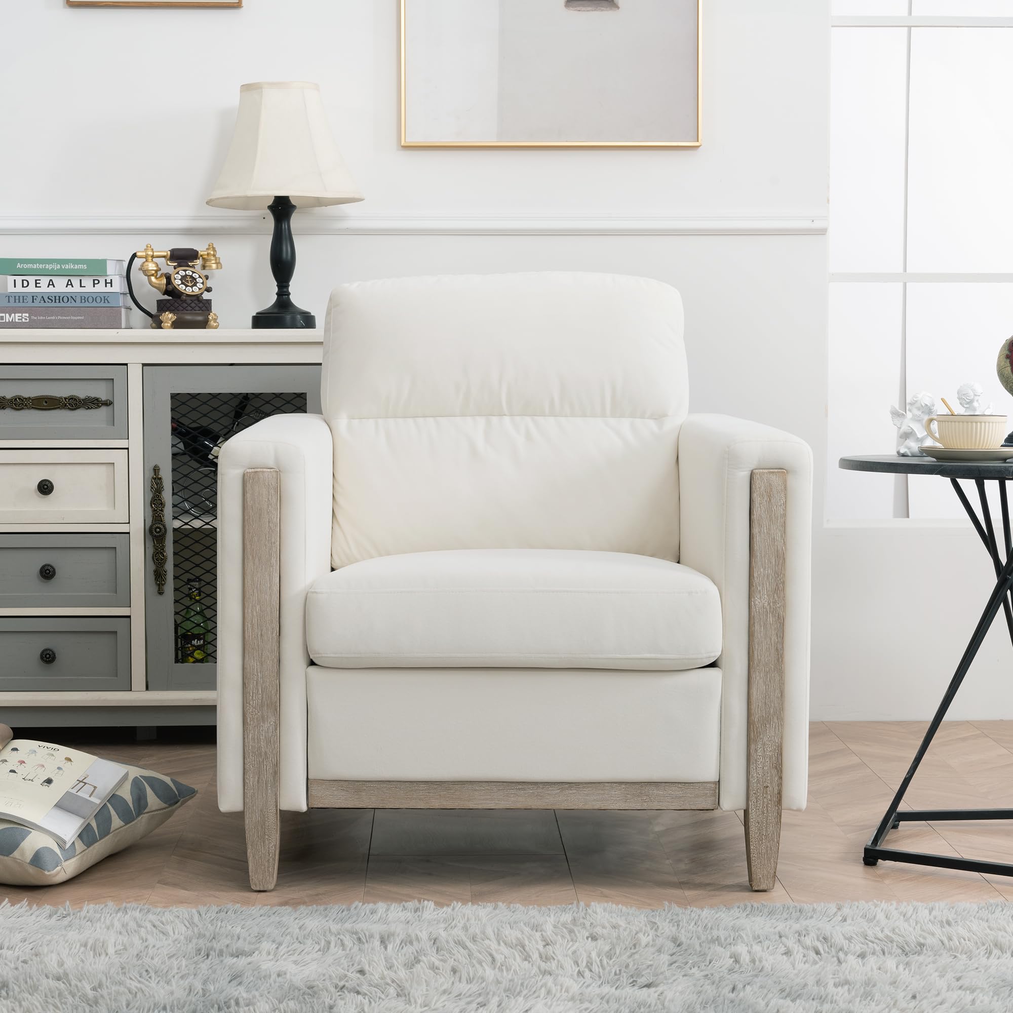 Modern  PU Leather & Velvet Upholstered Single Seater Accent Chair with Rubber Wood Legs