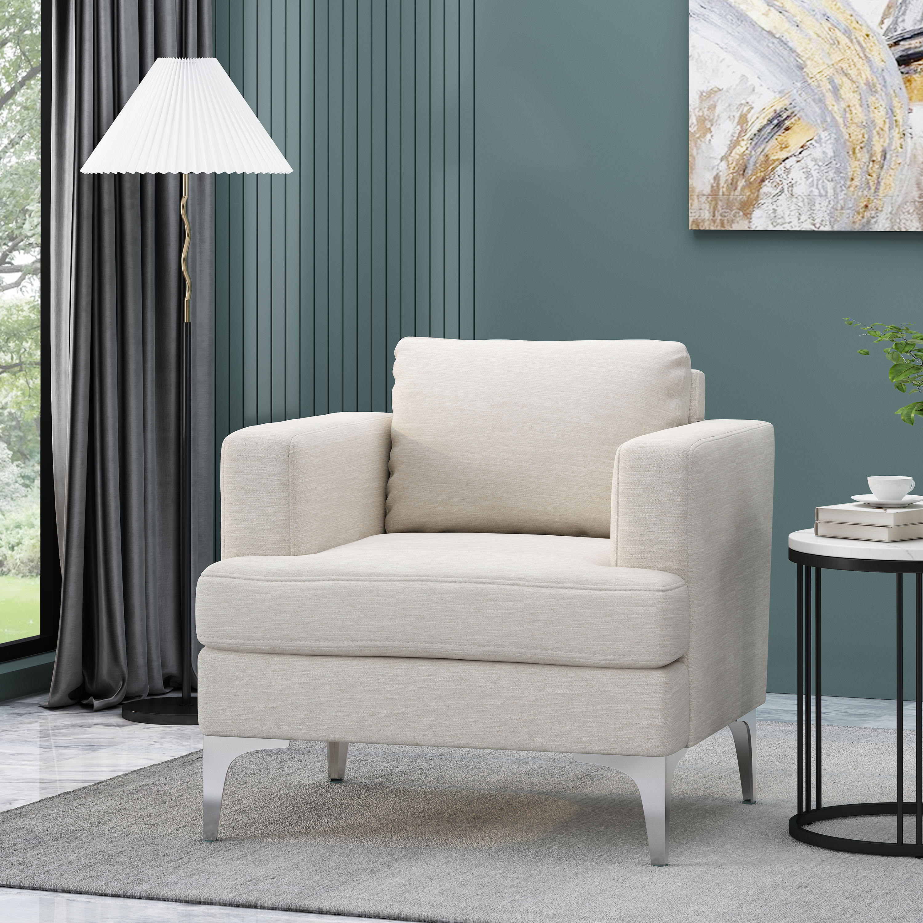 Minimalist Beige Fabric Upholstered Club Chair