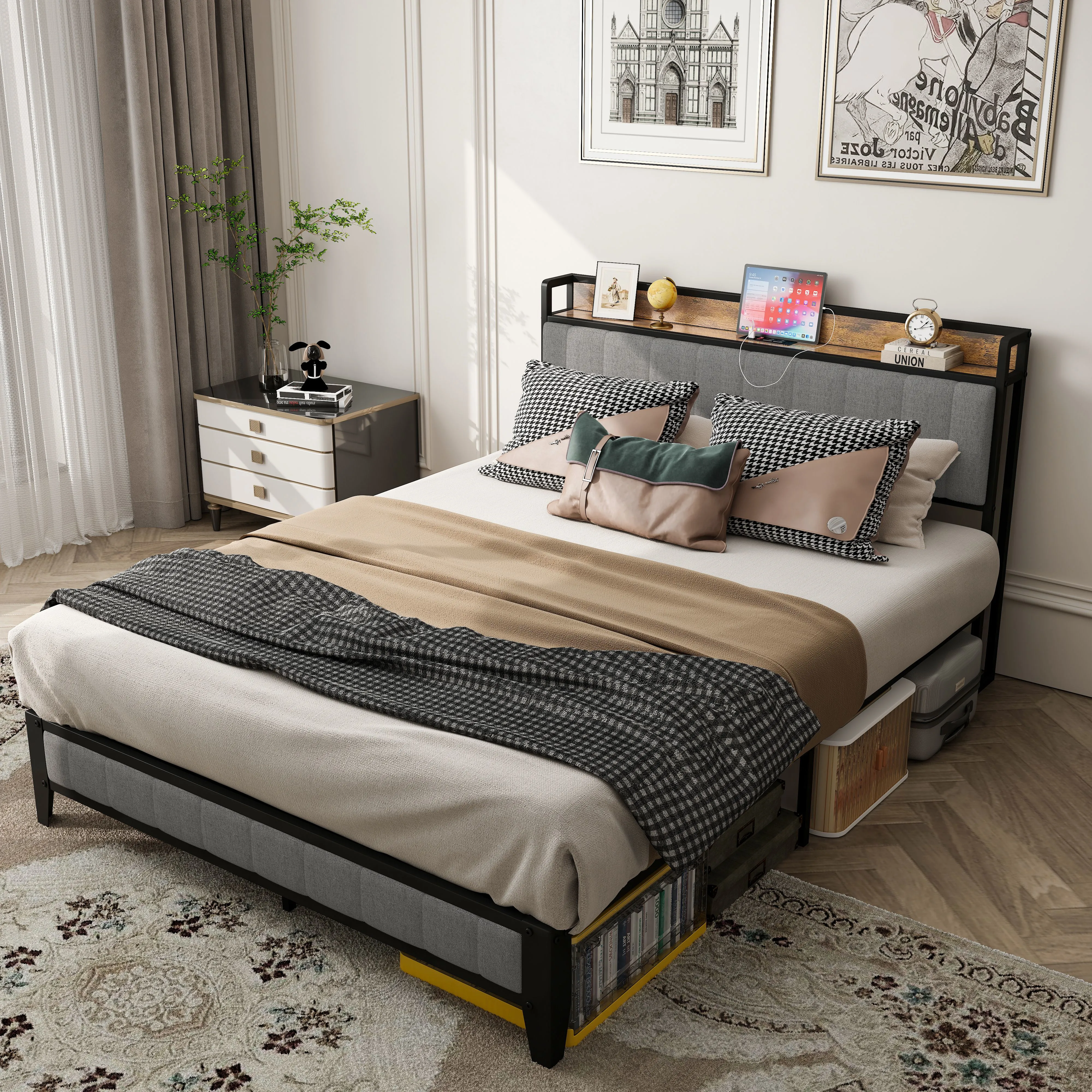 full-size-bed-frame-with-charging-station-upholstered-headboard-metal-platform-grey