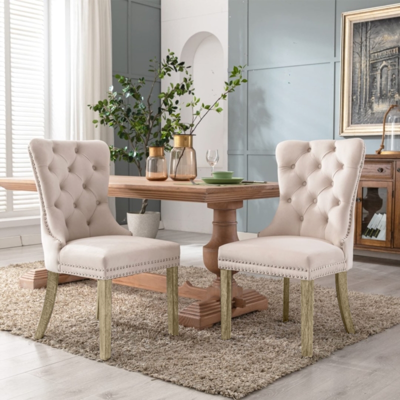 AADEN 2x Velvlet Dining chairs with Wooden legs, Rings and Studs- Beige