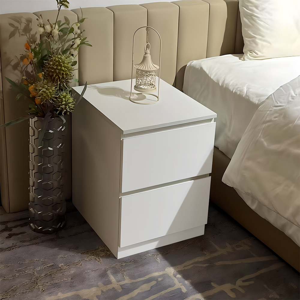 JUKEY Modern Simple Bedroom Double Drawers Nightstand – White