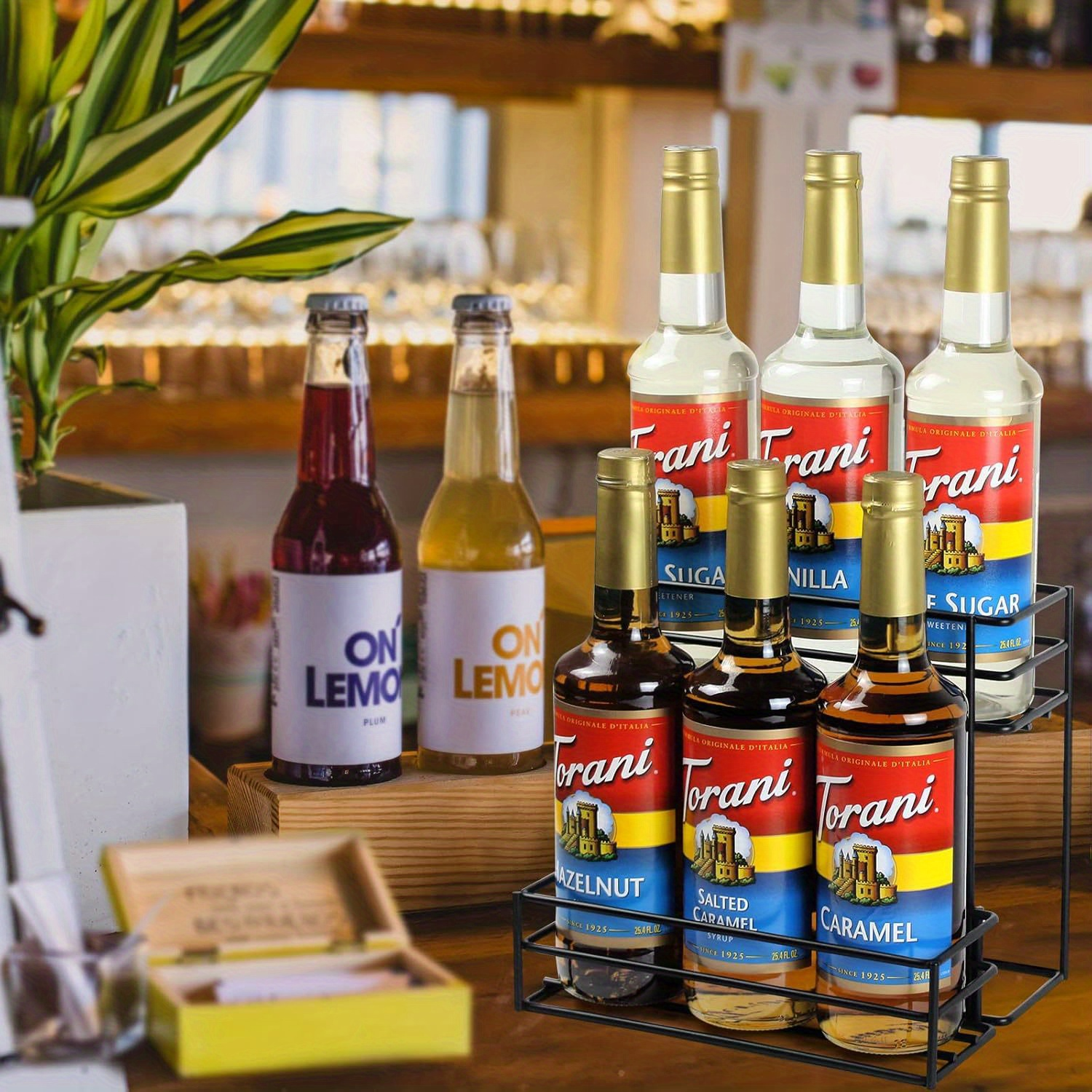 6-Bottle Stepped Coffee Syrup & Wine Rack - Space-Saving Organizer for Coffee Bar/Kitchen/Home Bar,