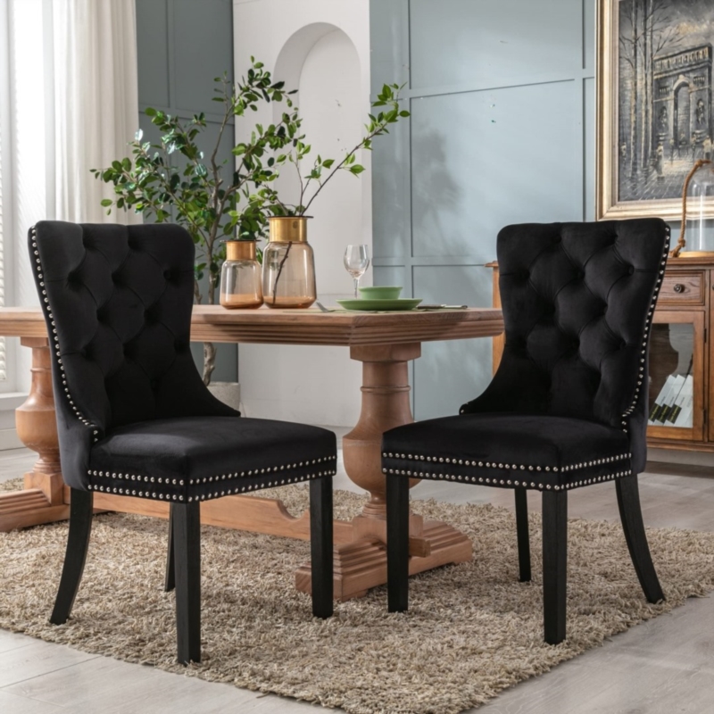 AADEN 2x Velvlet Dining chairs with Wooden legs, Rings and Studs