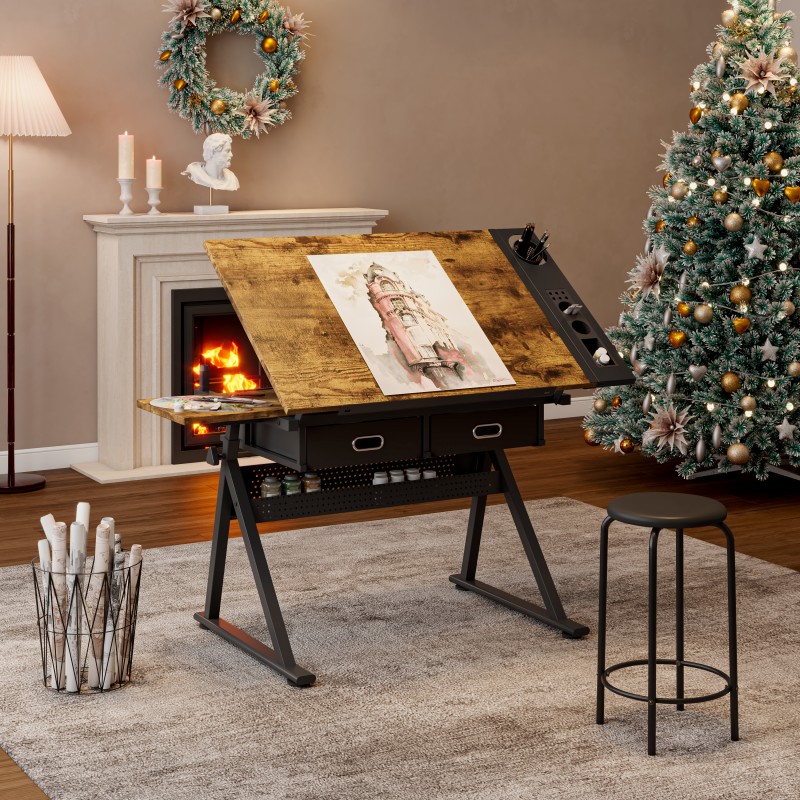 adjustable drawing drafting table desk with 2 drawers for home office and school with stool(wood)