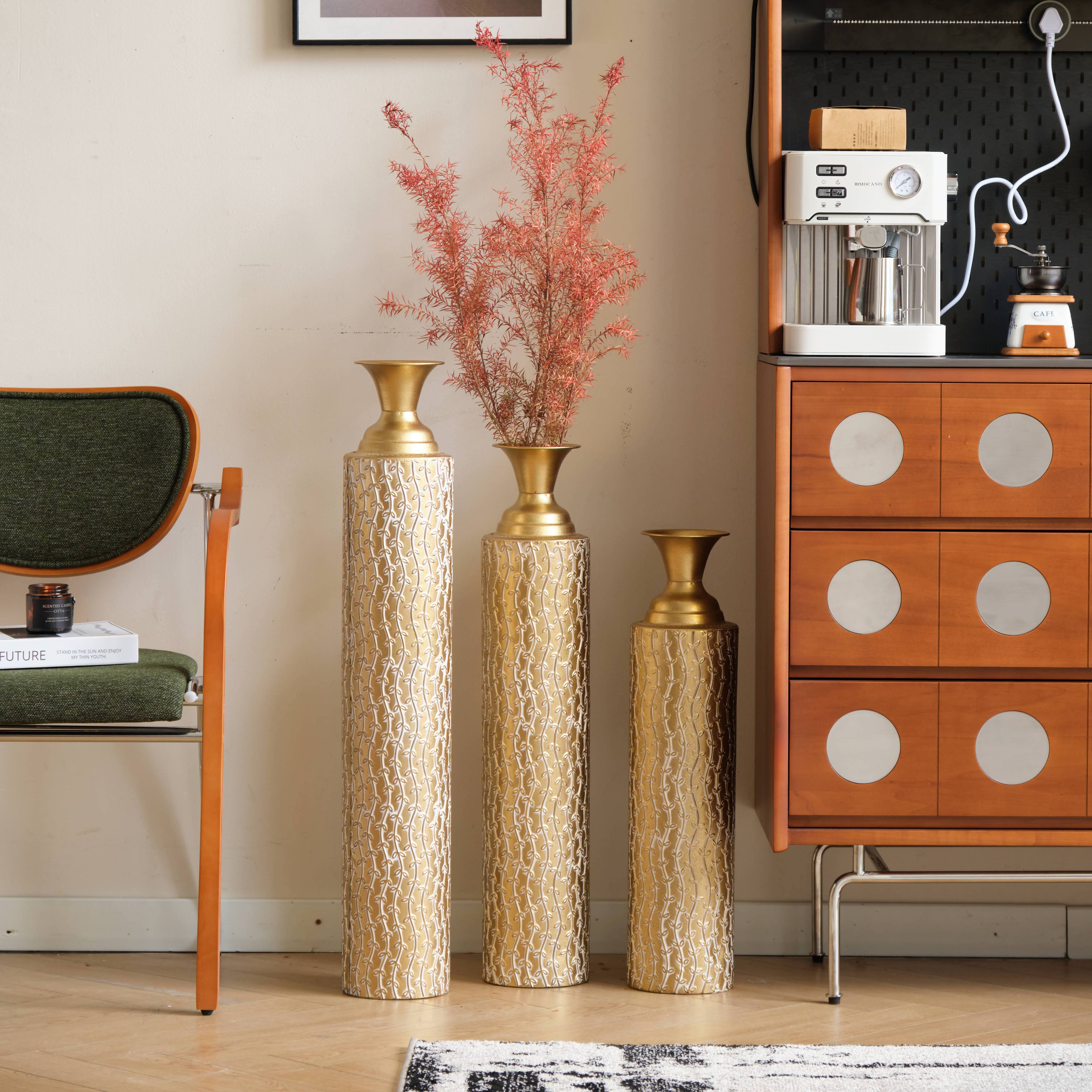 Set of 3metal decorative vases high distress with growing vine pattern