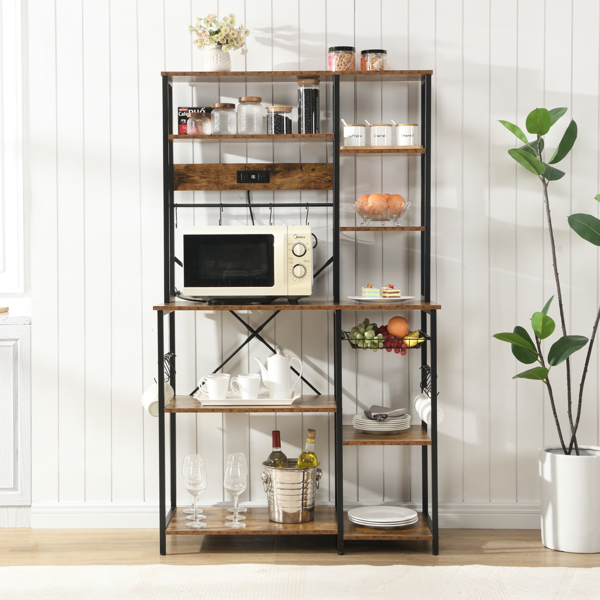 6-Tier Large Bakers Rack with Power Outlets and 12 S-Shaped Hooks, Rustic Brown