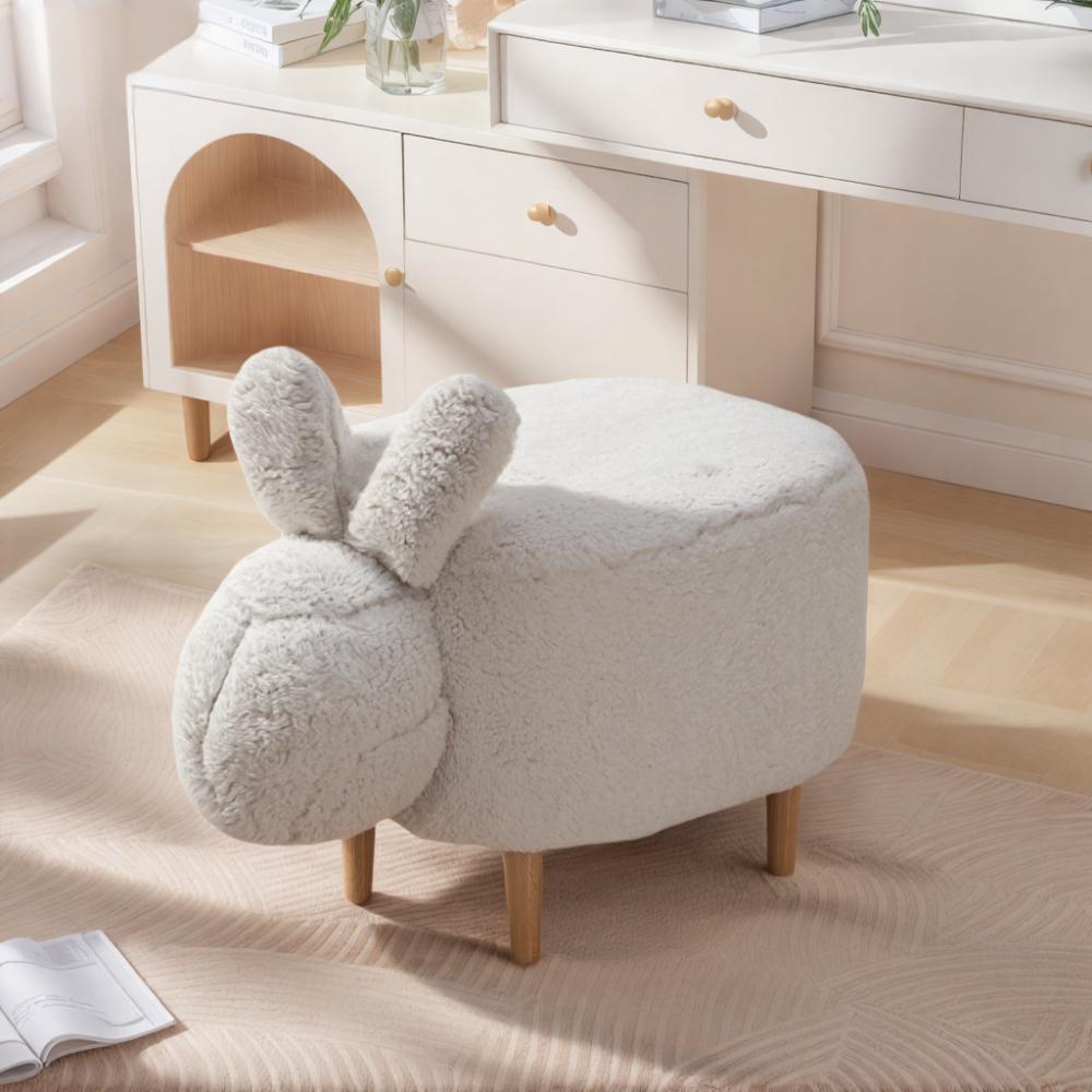 Playful White Multi-Functional Plush Rabbit Footrest Stool