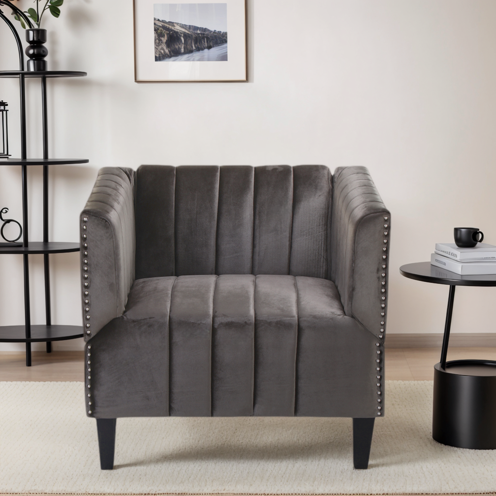 Classic Brown/Navy Blue Plush Velvet Upholstered Accent Chair