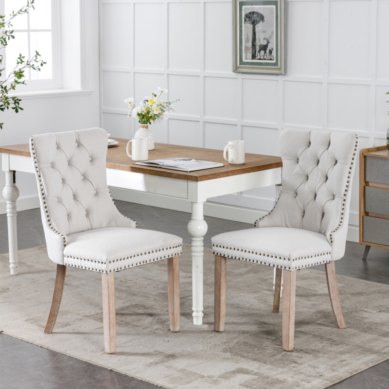 AADEN 2x Fabric Dining chairs with Wooden legs, Rings and Studs