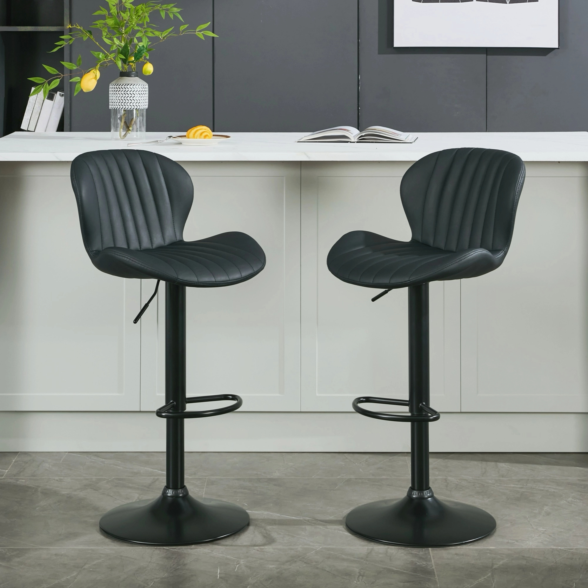 Set of 2 Modern Faux Leather Swivel Bar Stools, Counter Height Bar Chairs with High Backrest.