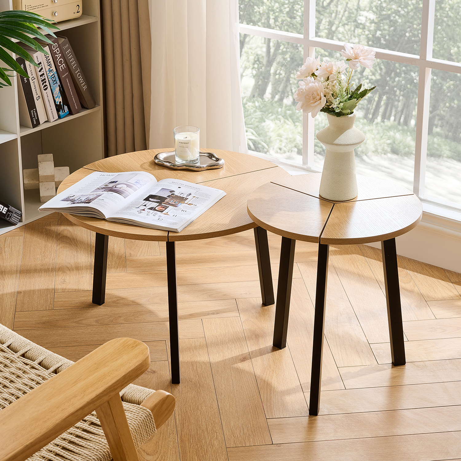 Newmetal Side Table, Round Coffee Table 2-Piece Set, Modern Side Table with Metal Frame and MDF, Side Table, Home Furnishings, Living Room Decor and Accessories, Black and Brown
