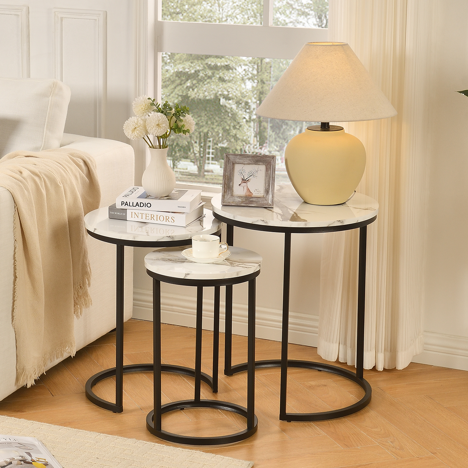 Newmetal Side Table, Storage Rack, Round Coffee Table 3-Piece Set Modern side table with metal frame and medium-density fibreboard Nesting bedside tables,for living rooms and bedrooms,Black and white