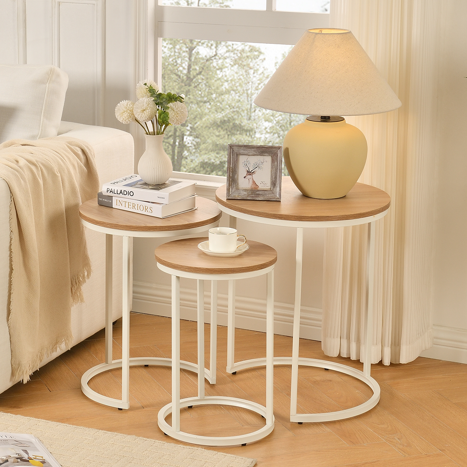 Newmetal Side Table, Storage Rack, Round Coffee Table 3-Piece Set Modern Side Table with Metal Frame and Medium-Density Fibreboard Nesting Bedside Tables，for Living Rooms and Bedrooms,White and Brown