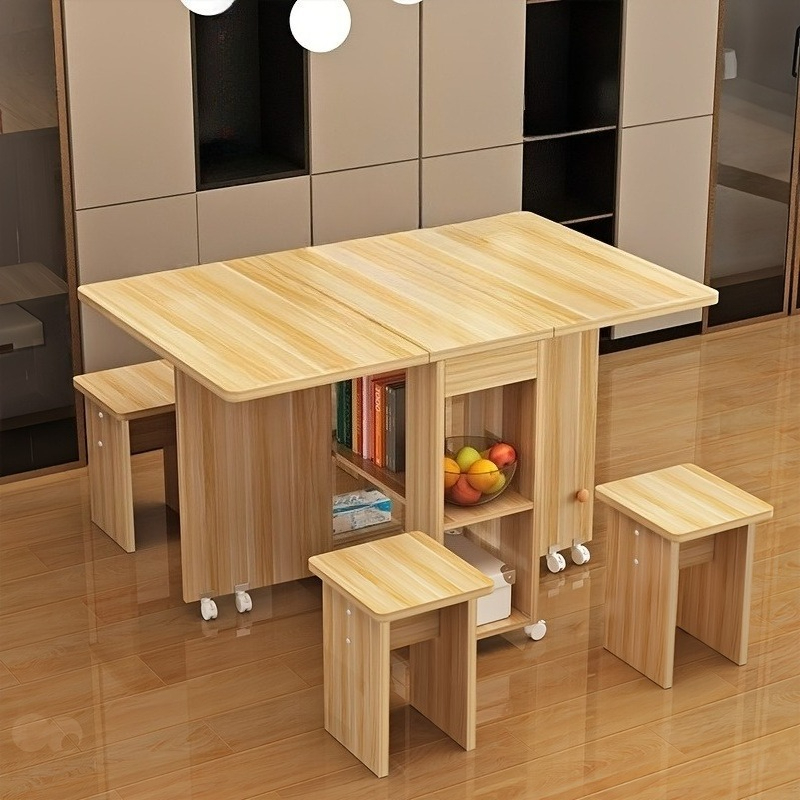 Foldable Dining Table with Hidden Stools and Storage Shelves – Space-Saving Multifunctional Table on Wheels.01ys-al01