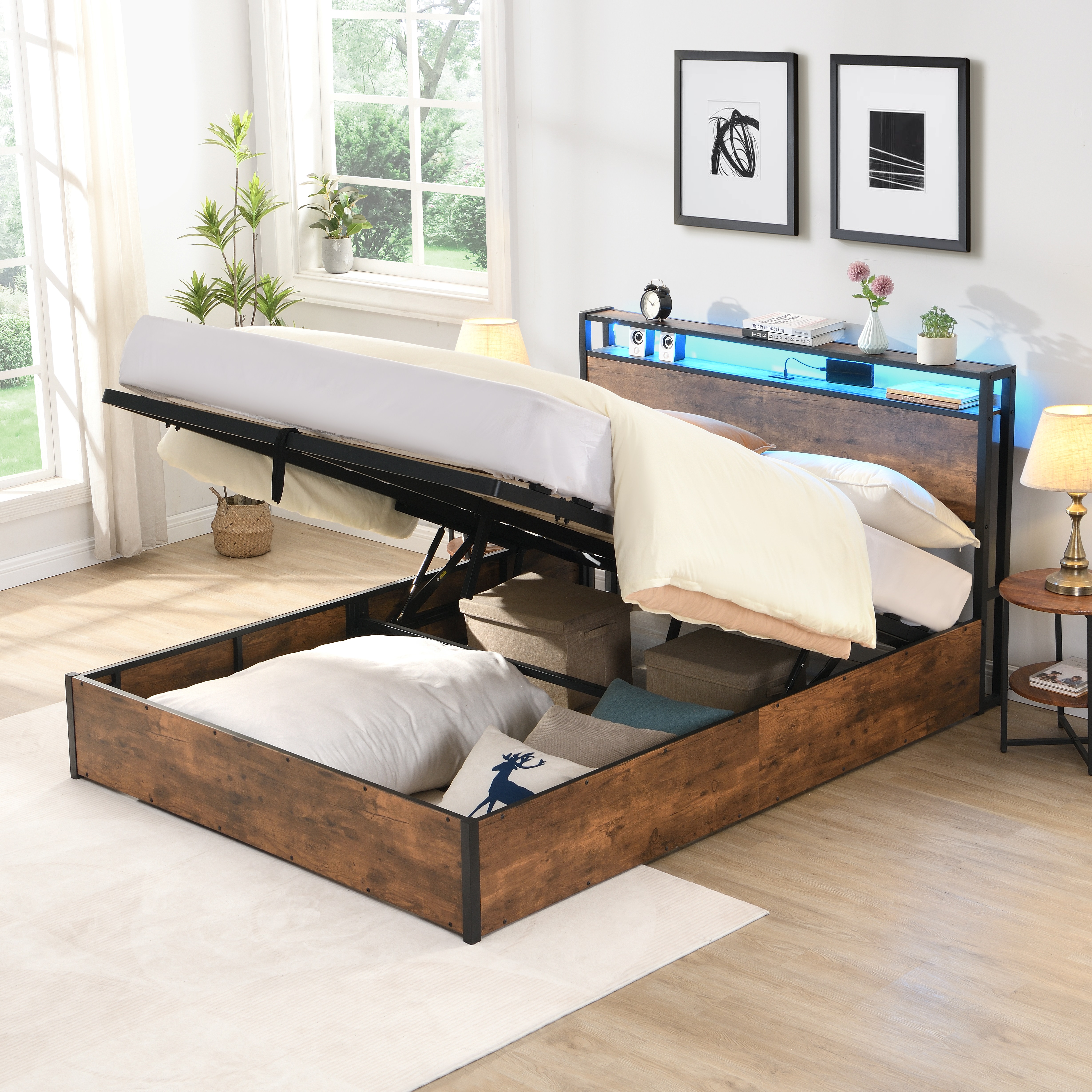 Gas Lift Storage LED Bed Frame with  & Charging Station, No Box Spring Needed, Rustic Brown