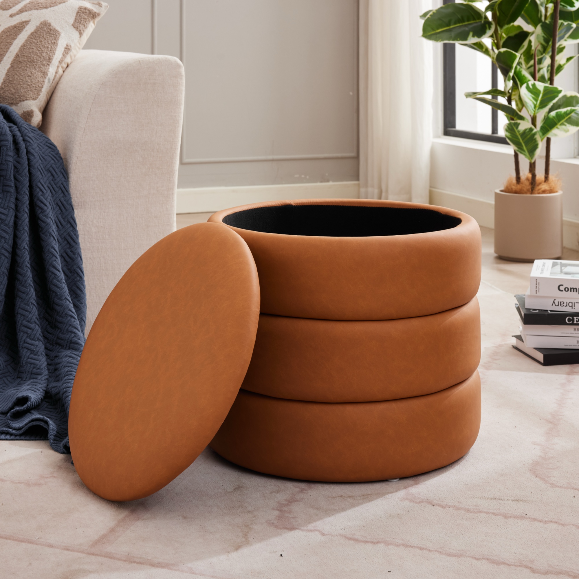Faux Leather Round Storage Ottoman for Living Room, Caramel Brown