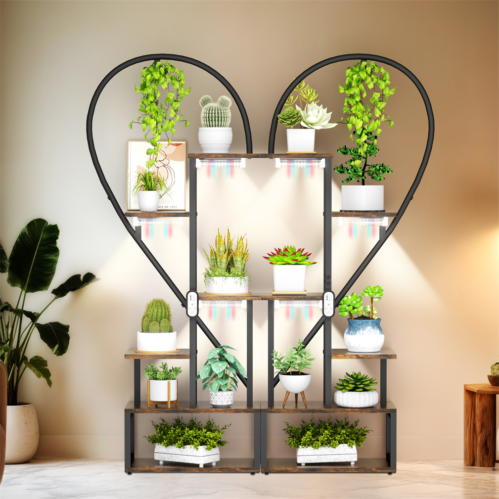 Vintage 2pcs Wood & Metal Heart-Shape Plant Flower Shelf Stand with Grow Lights