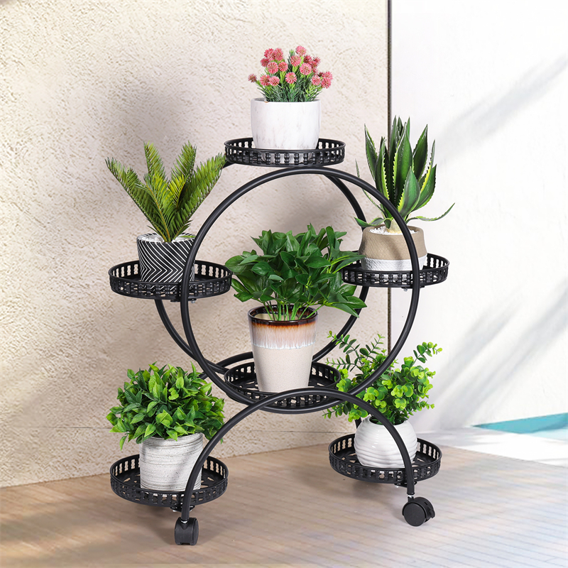 6 Pots Metal Plant Stand Rack Flower Pot Stand with Wheels for Outdoor Indoor Living Room Display