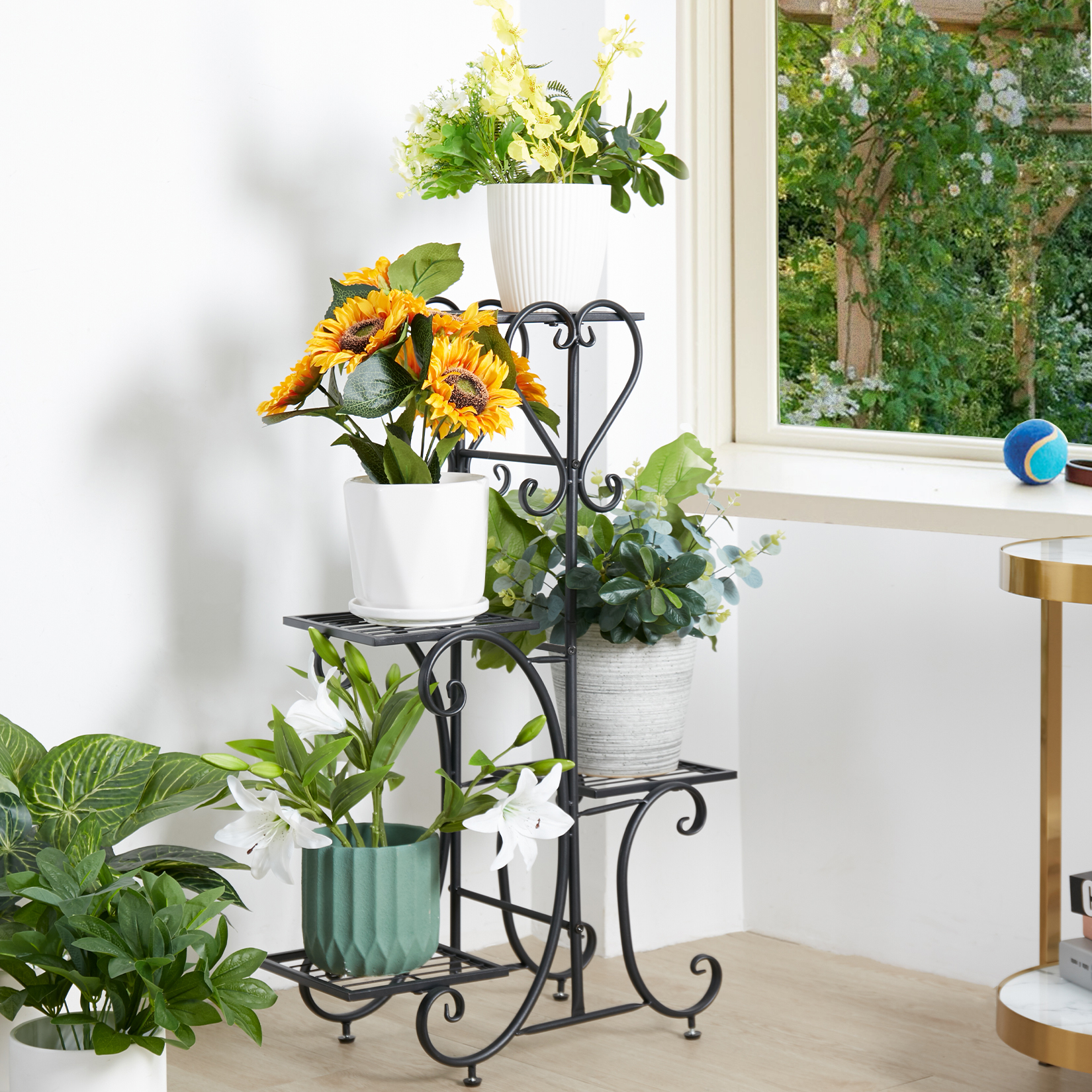 4 Pots Wrought Iron Rustproof Plant Stand Shelf Elegant Art Flower Holder Rack