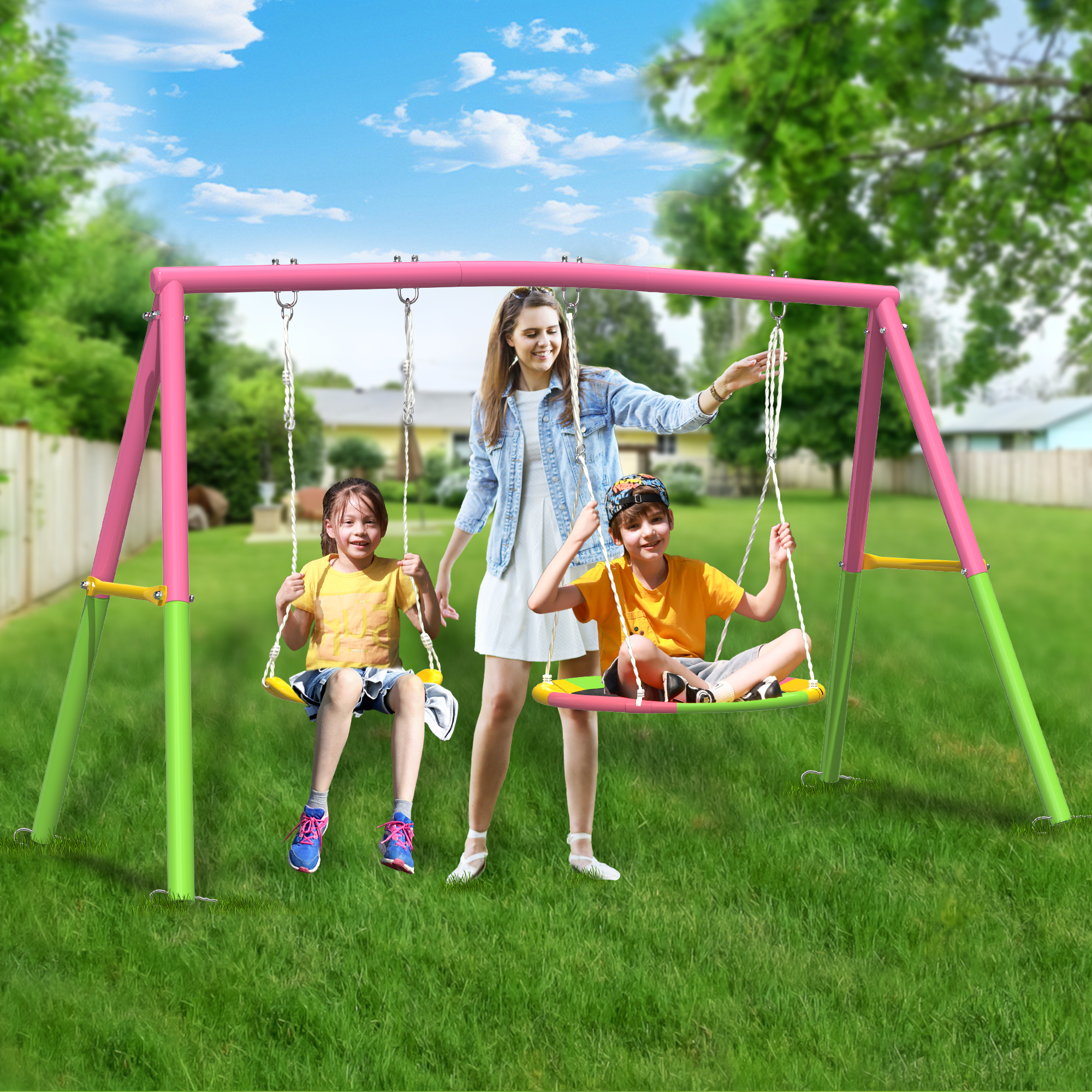 Swing Set for Backyard with Stand, Swing Heavy Duty  Metal Outdoor Swing Stand, Contain 1 Saucer  & 1 Belt seat  for Playground - Backyard Playset（Pink）