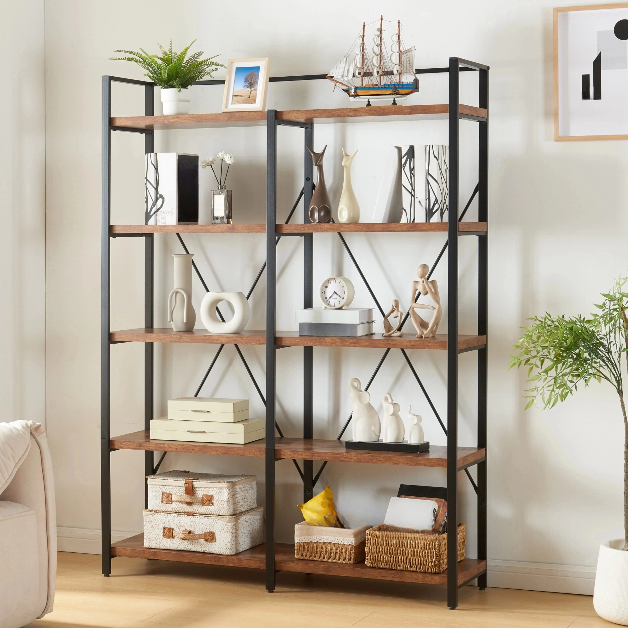 Industrial 5 Tier Bookshelf, Rustic Wood Etagere Bookcase