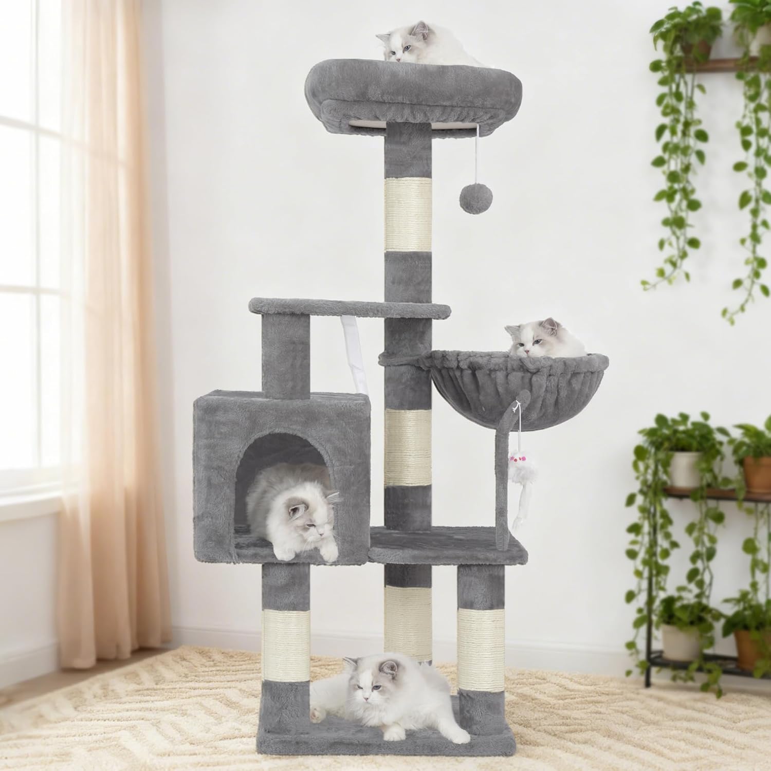 110cm Cat Tree with Toy,  Cat Play Tower with Padded Plush Perch