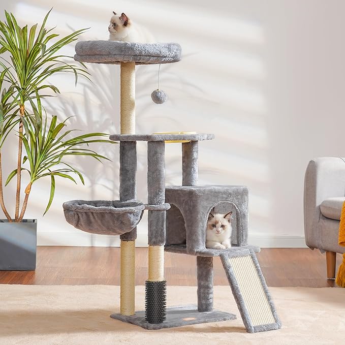 Cat Tree with Groomer Brush, Indoor Cats with Padded Plush