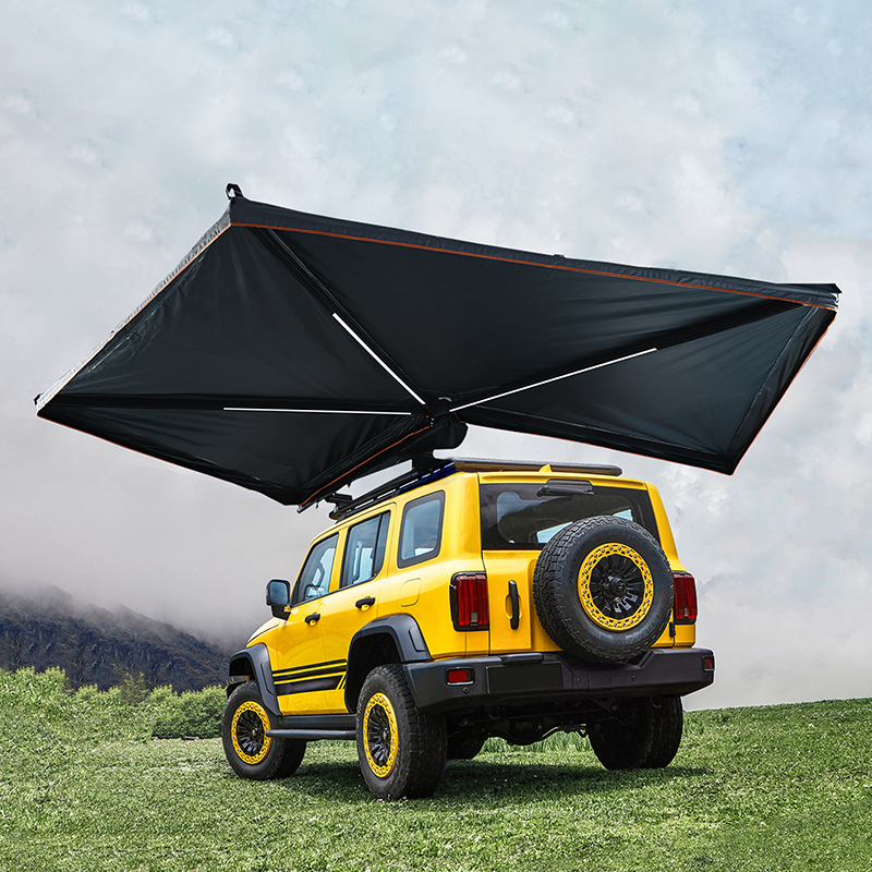 270 degree car side tent for sun and rain protection, aluminum alloy black rubber canopy on the side, SUV outdoor quick opening, side fan-shaped tent
