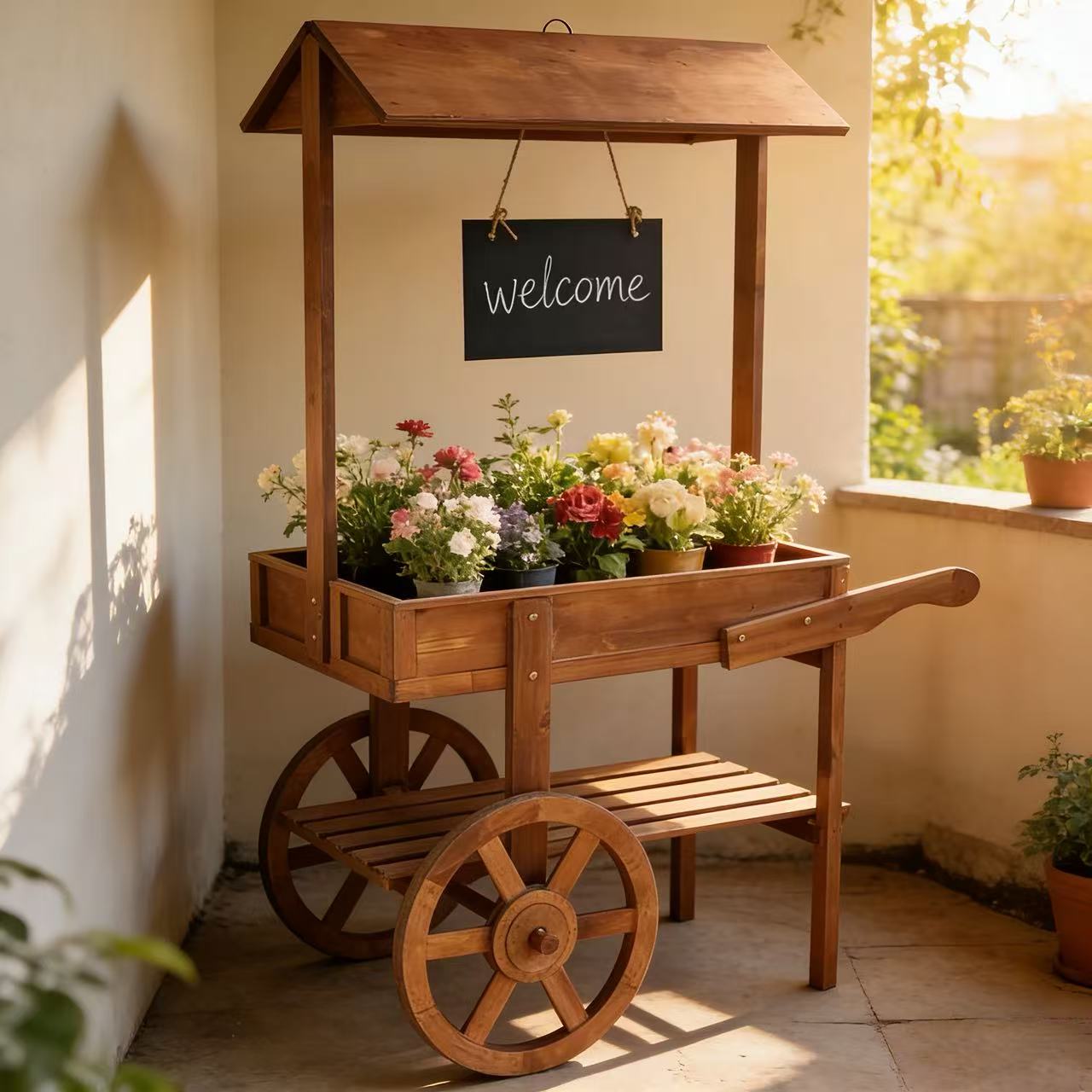 American Country Retro Double-Layer Wooden Plant Cart with Wheels - So