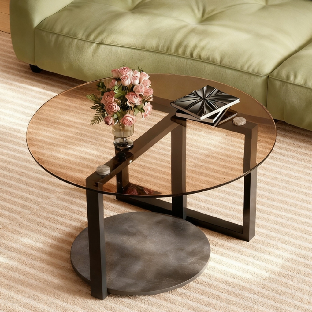 2 Tiers Round Glass Coffee Table Luxury Amber-Tinted Center Table Home