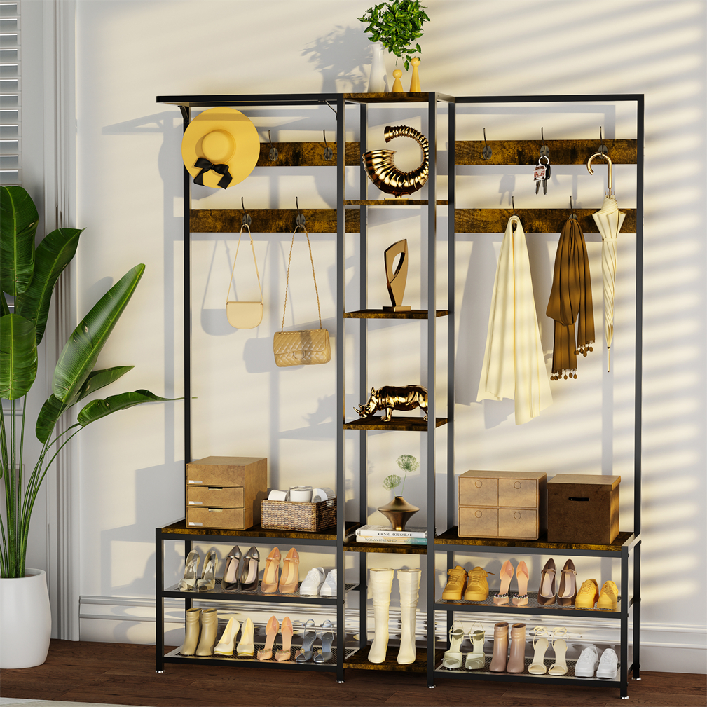 Large Coat Rack Hall Tree w/ Shoes Rack Bench Open Closets Shelf