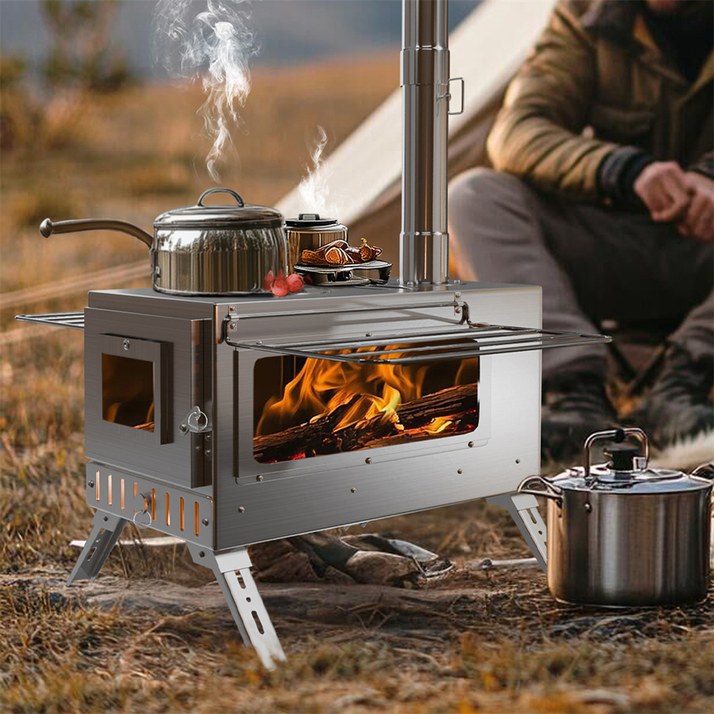 Stainless Steel Portable Camping Wood Stove Tent Stove w/ Chimney Pipe
