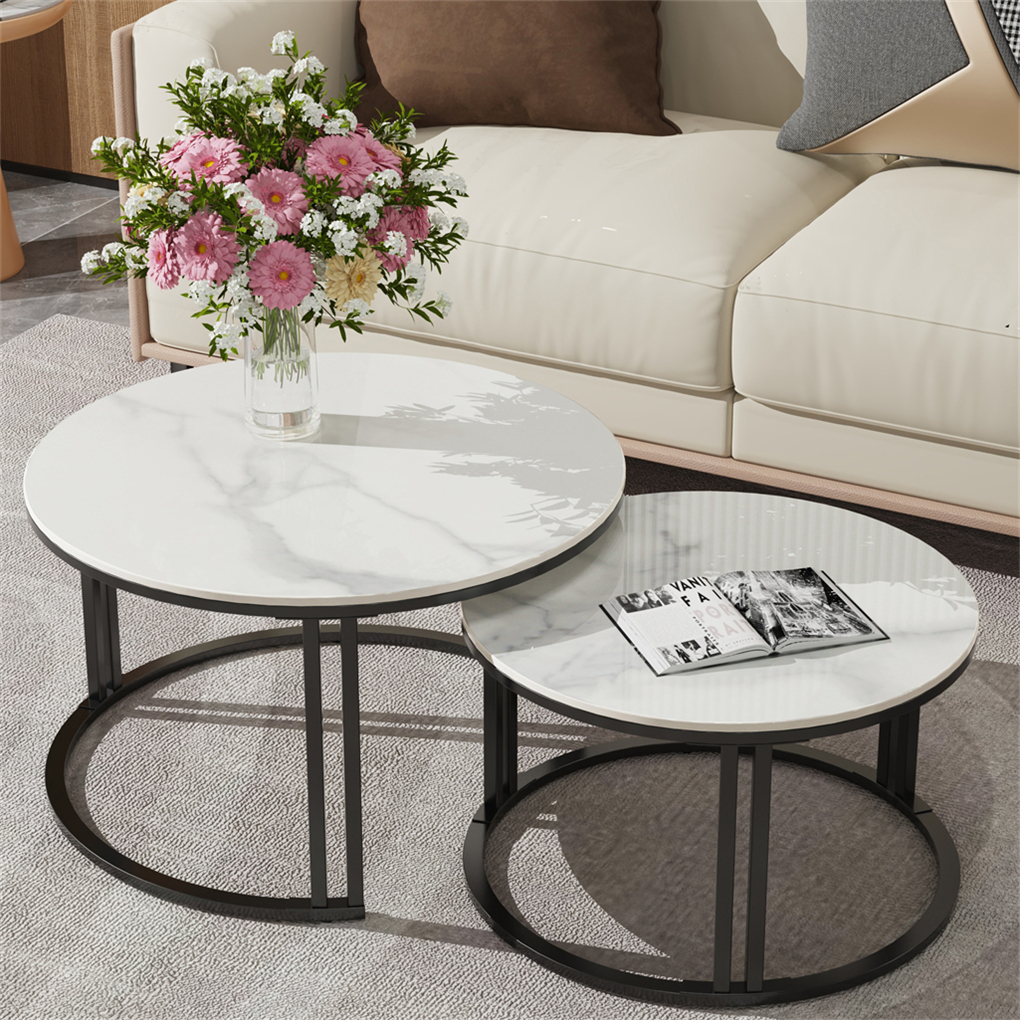 Real marble round nesting coffee table thick metal dual-support Frame