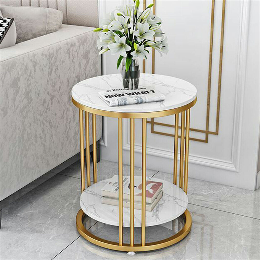 Round side table gold metal frame end table marble accent coffee table
