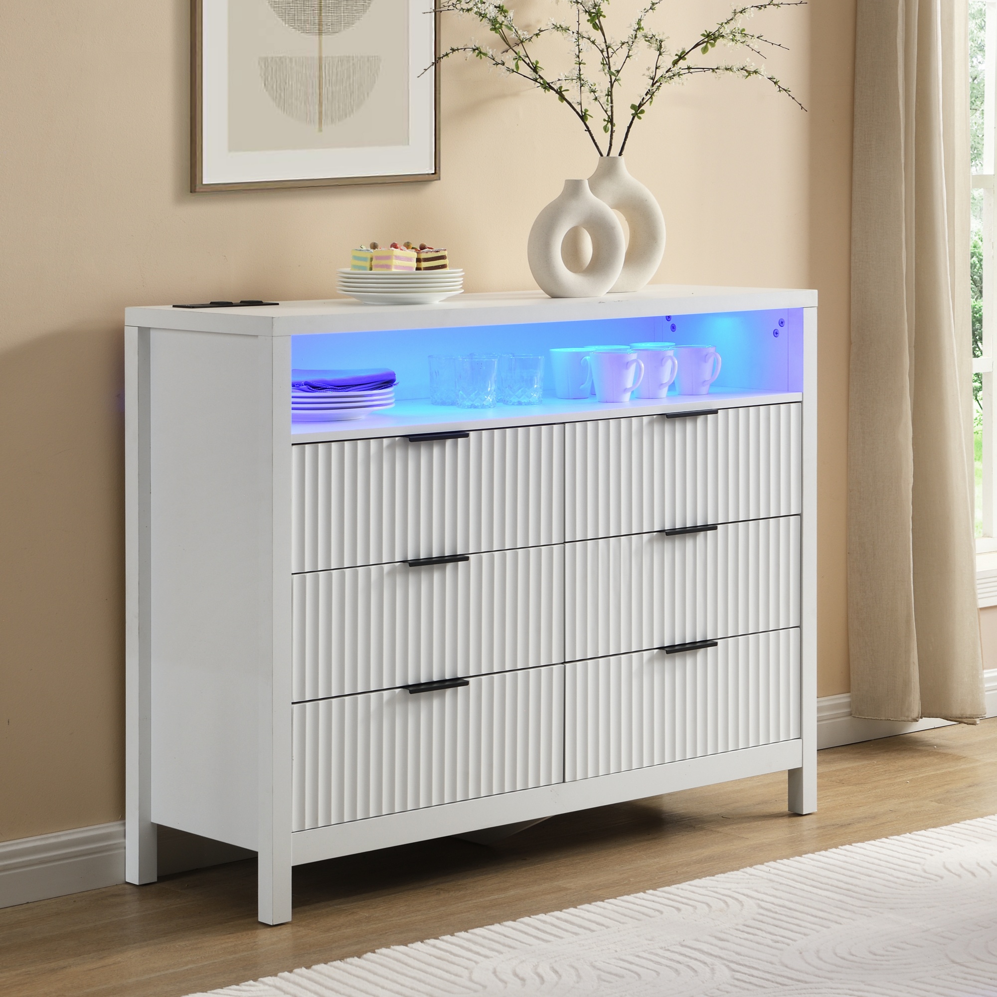 White Dresser for Bedroom with 6 Drawers,  Power Outlet and LED Lights