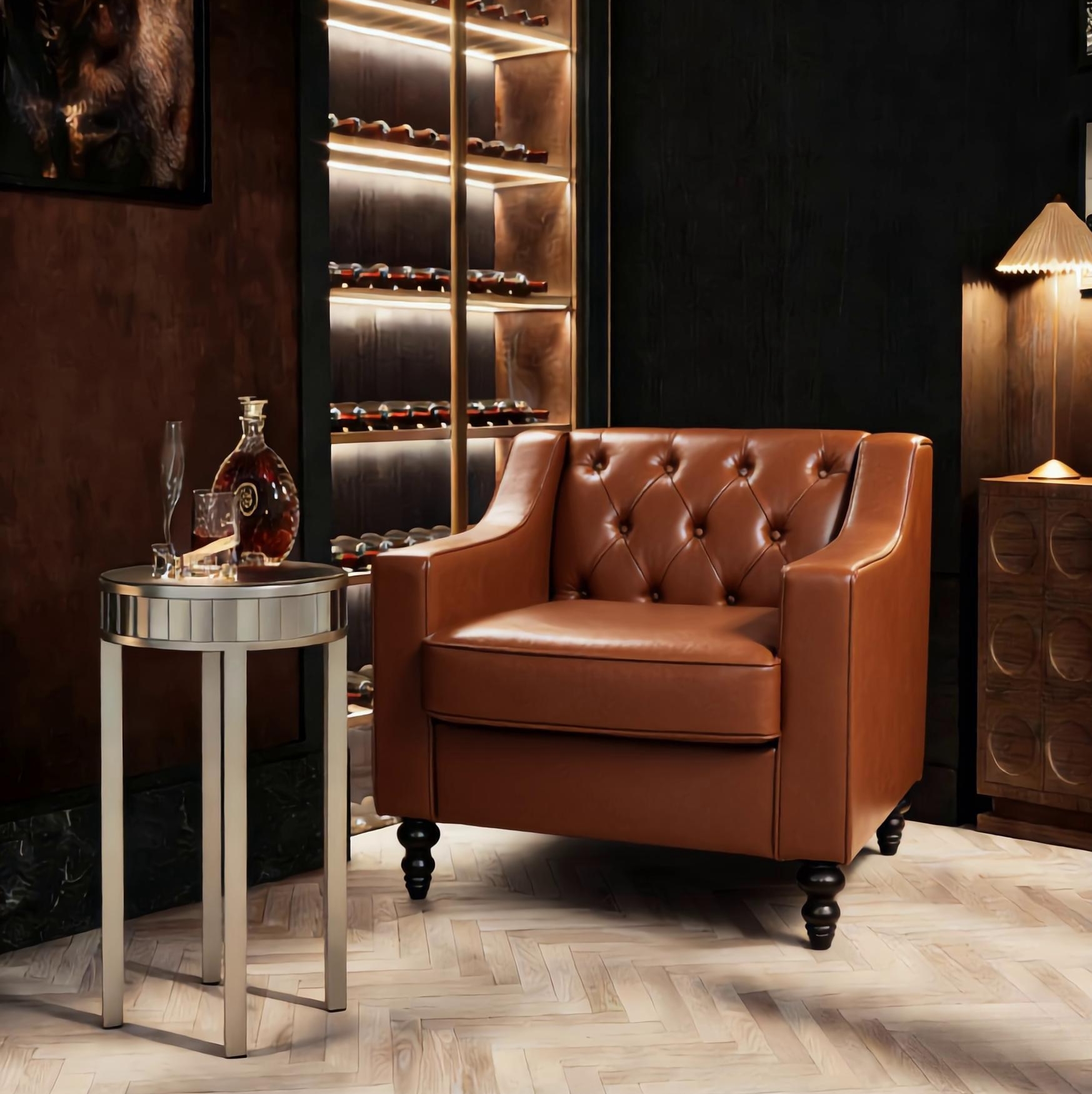 Modern Light Brown/Brown Ergonomic PU Leather Button-Tufted Club Chair