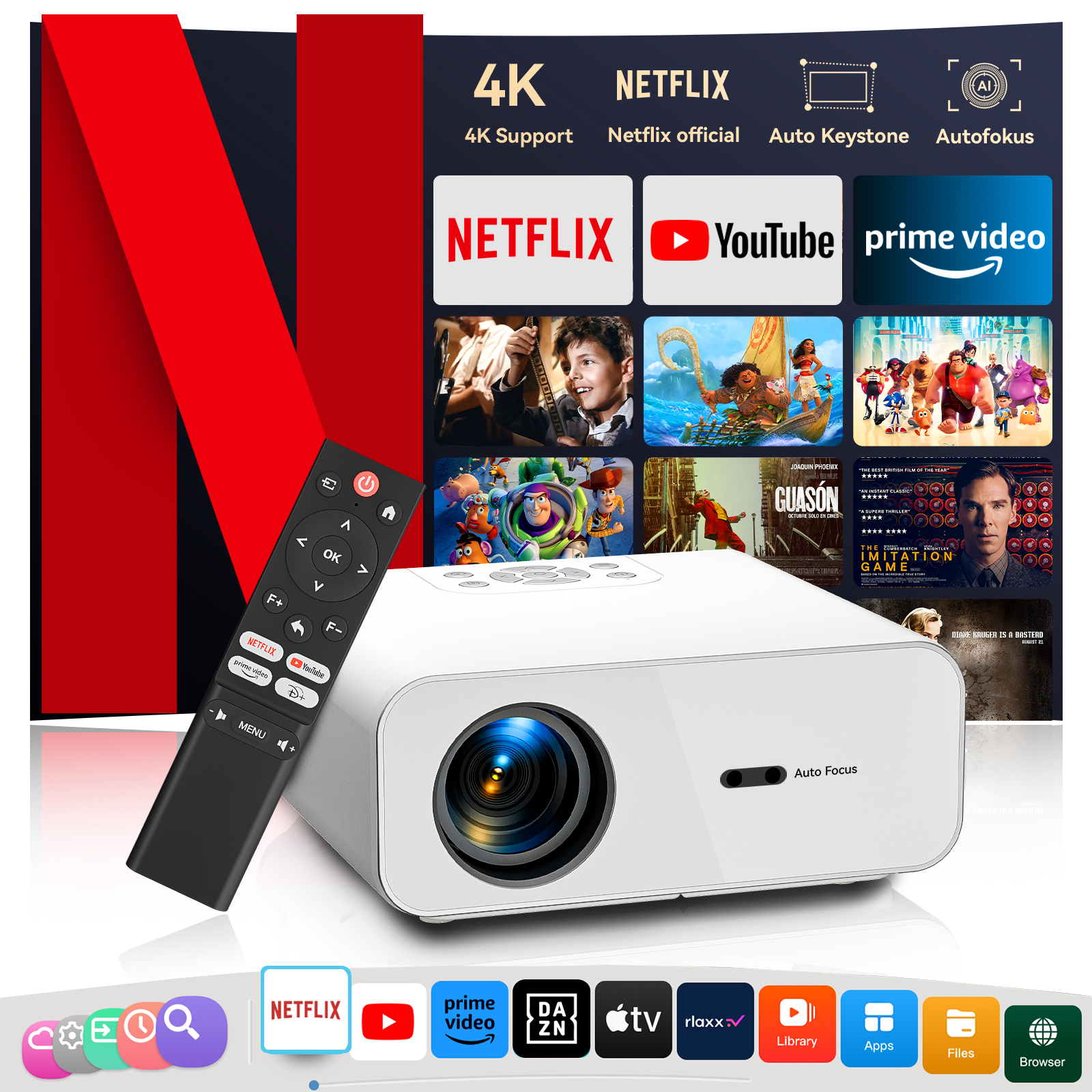 Projector 4K Auto Focus Support WiFi Bluetooth with Netflix/YouTube