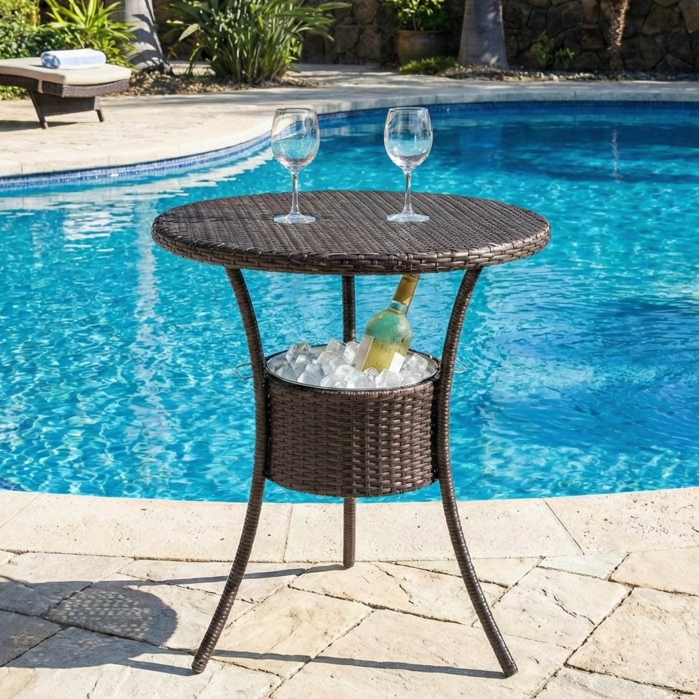 Stylish Round Outdoor Woven Rattan Side Table with Built-in Ice Bucket