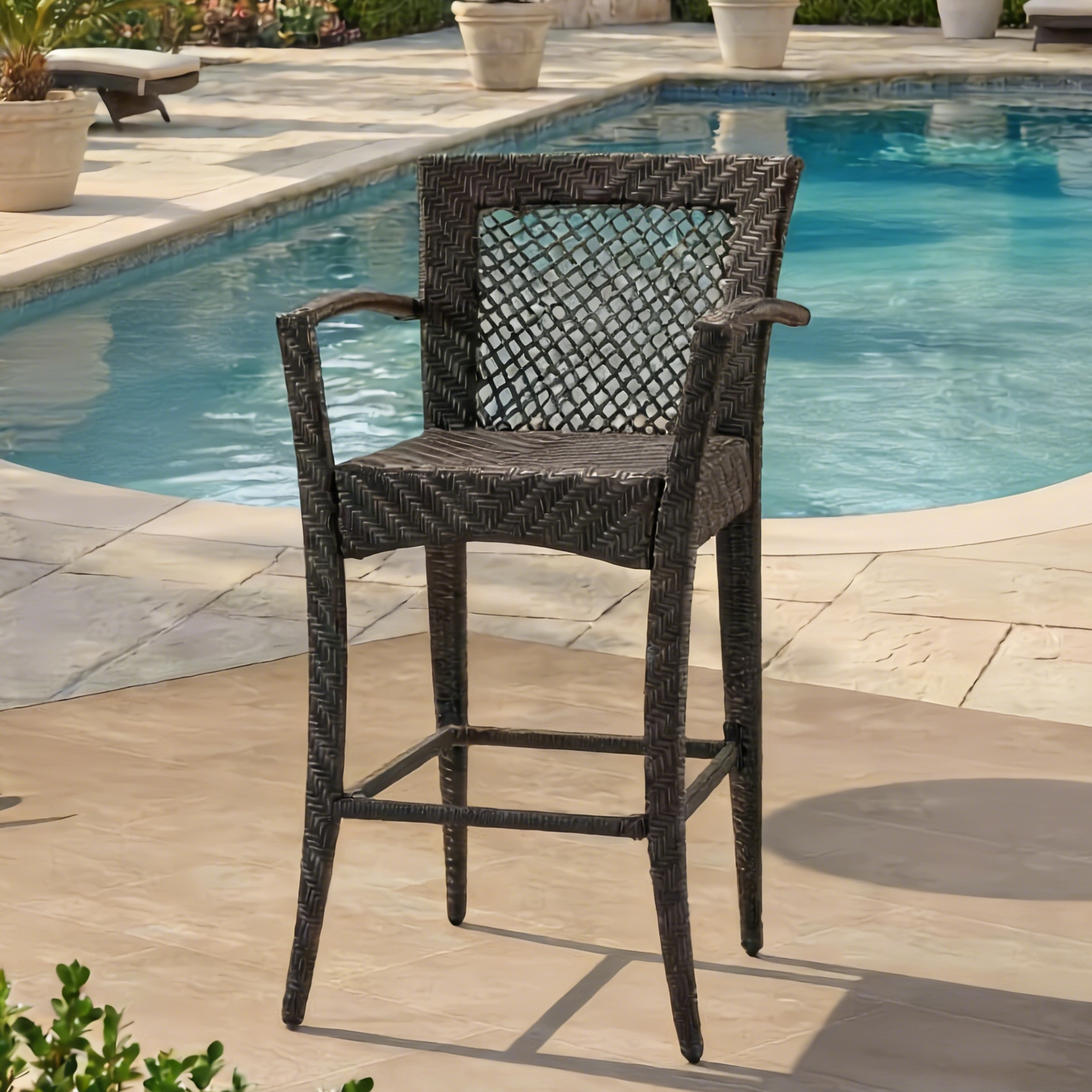 Chic Woven Rattan Bar Stool with Armrests