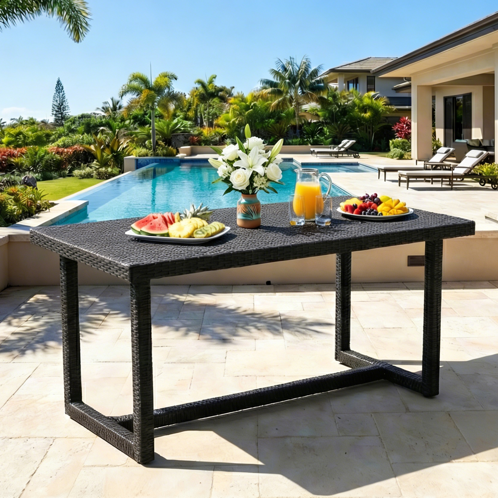 Sleek Rectangular Outdoor Woven Rattan Dining Table