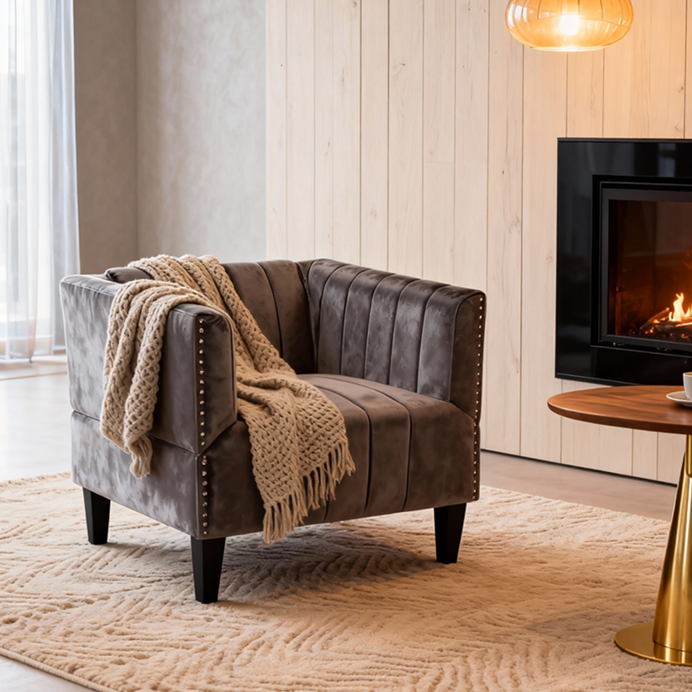 Classic Brown/Navy Blue Plush Velvet Upholstered Accent Chair