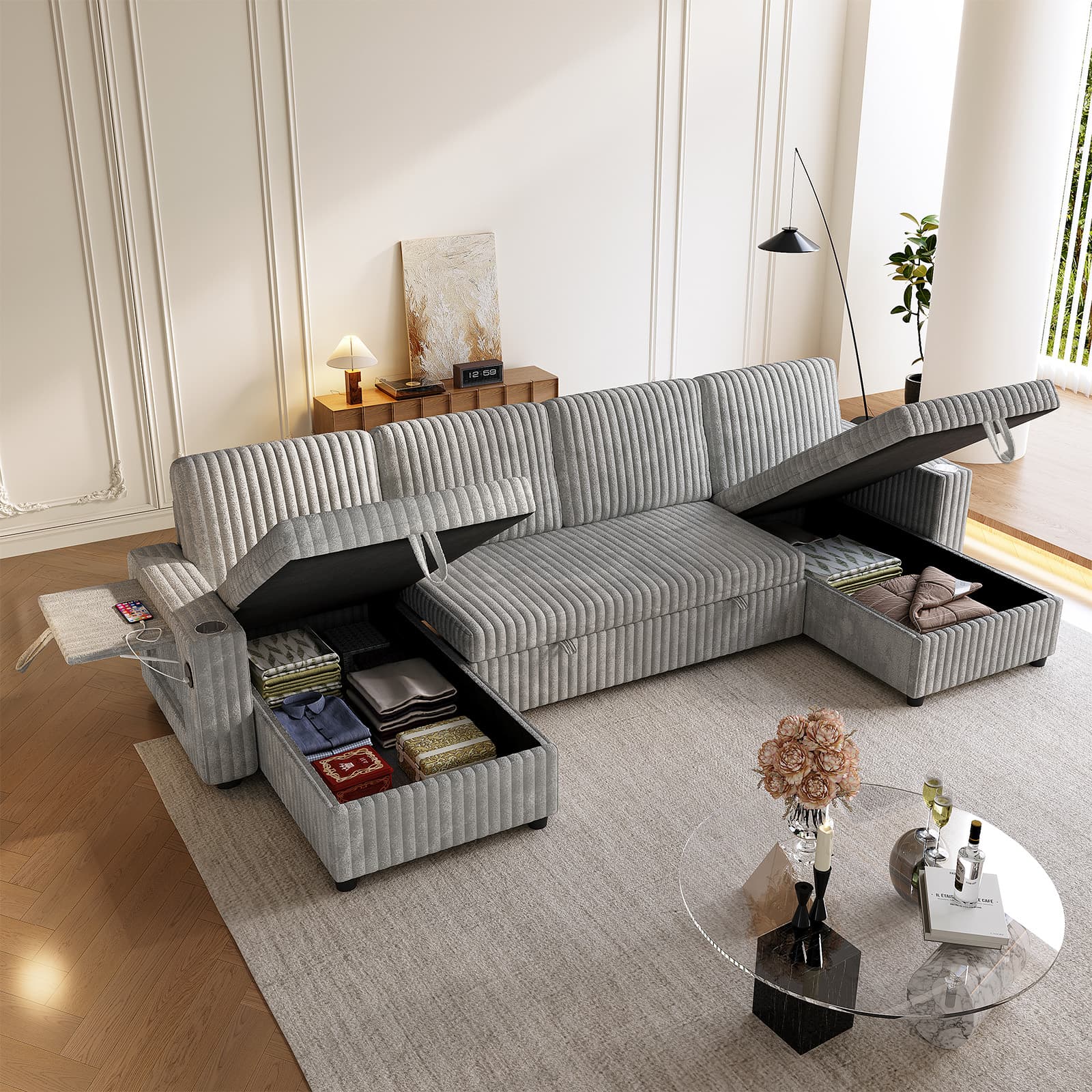 Oversized U Shaped Plush Corduroy Fluffy Sectional Sleeper Sofa