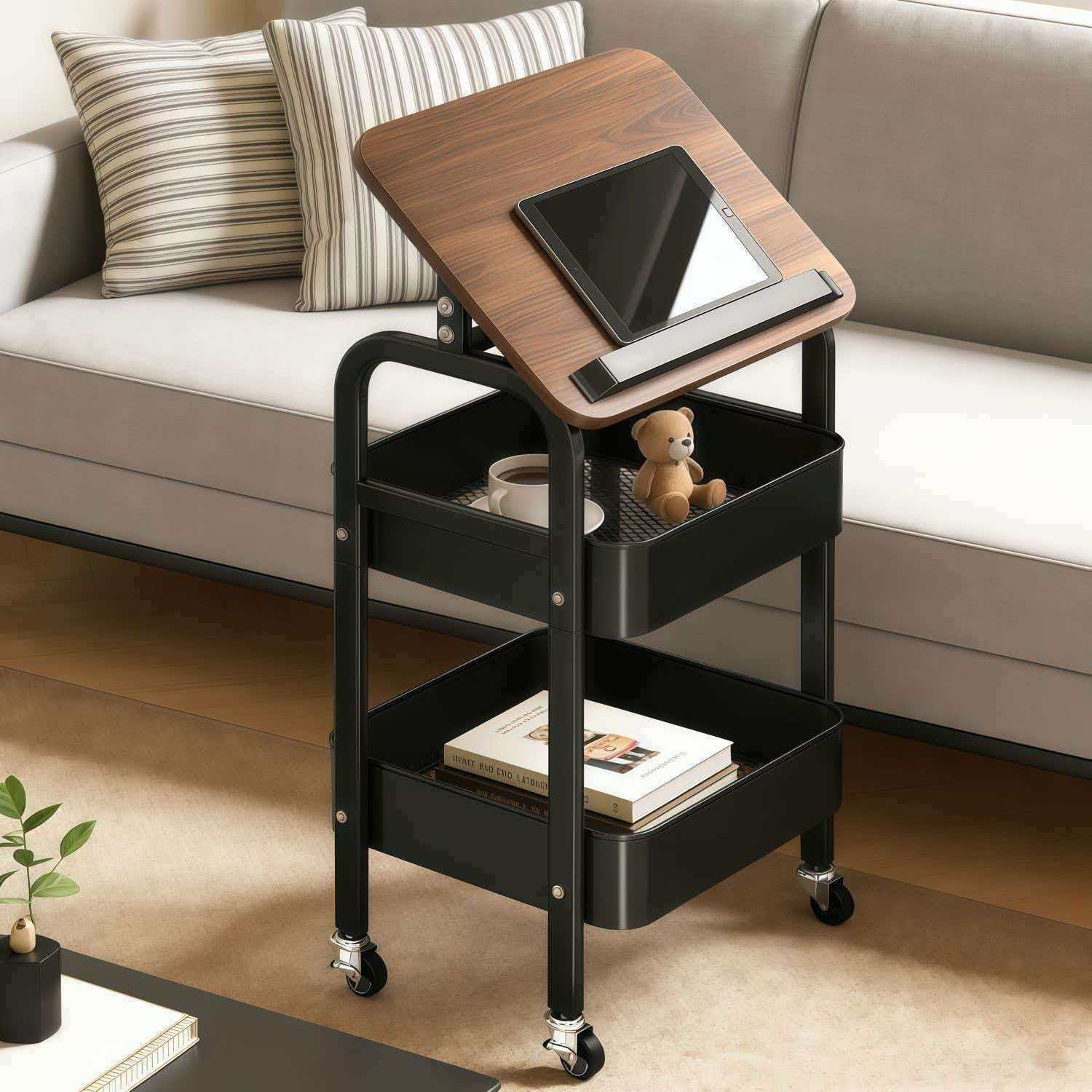 Mobile flip type handcart side table storage rack
